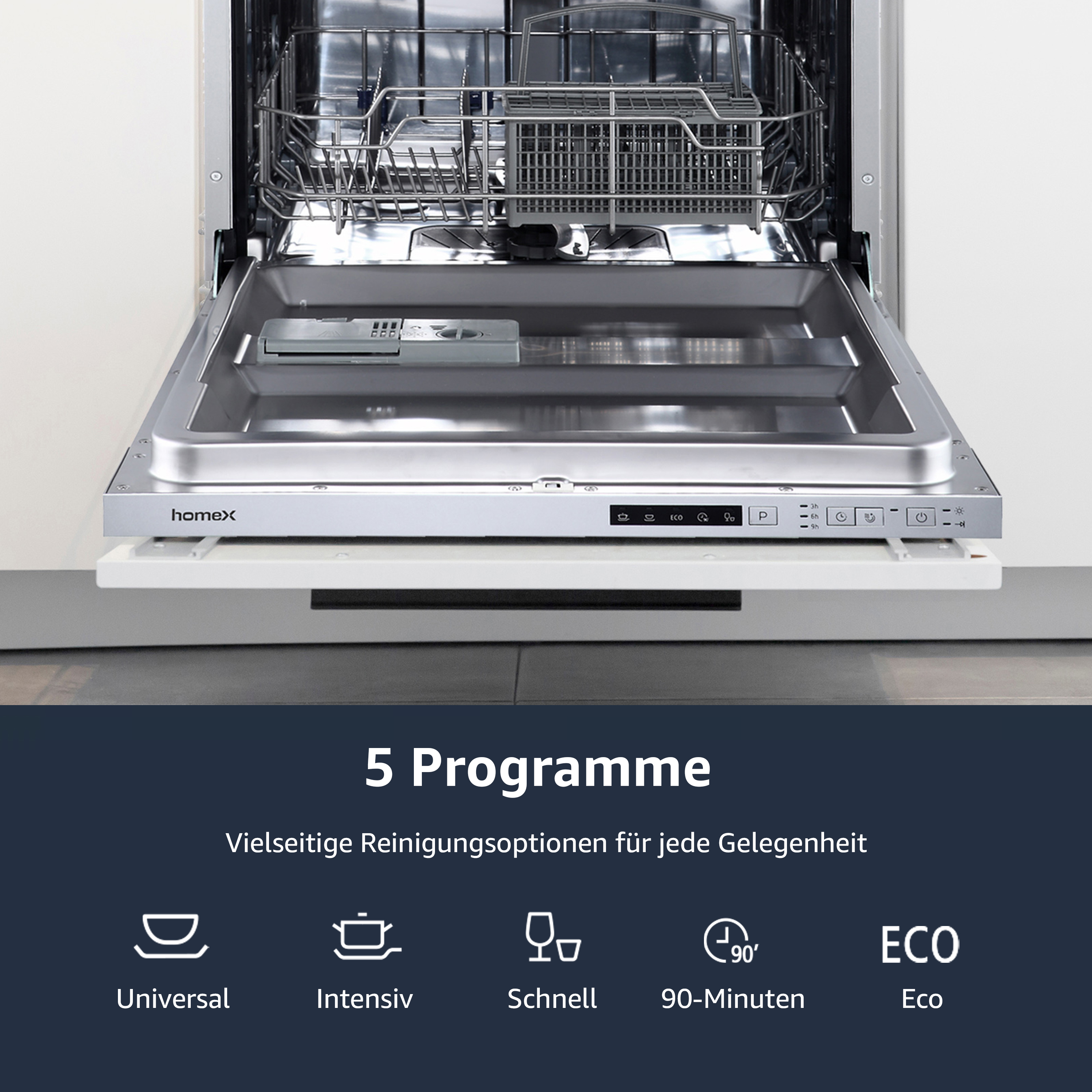 Ein Geschirrspüler mit geöffneter Tür. Es zeigt den Innenraum und das Bedienfeld mit 5 Programmen.
