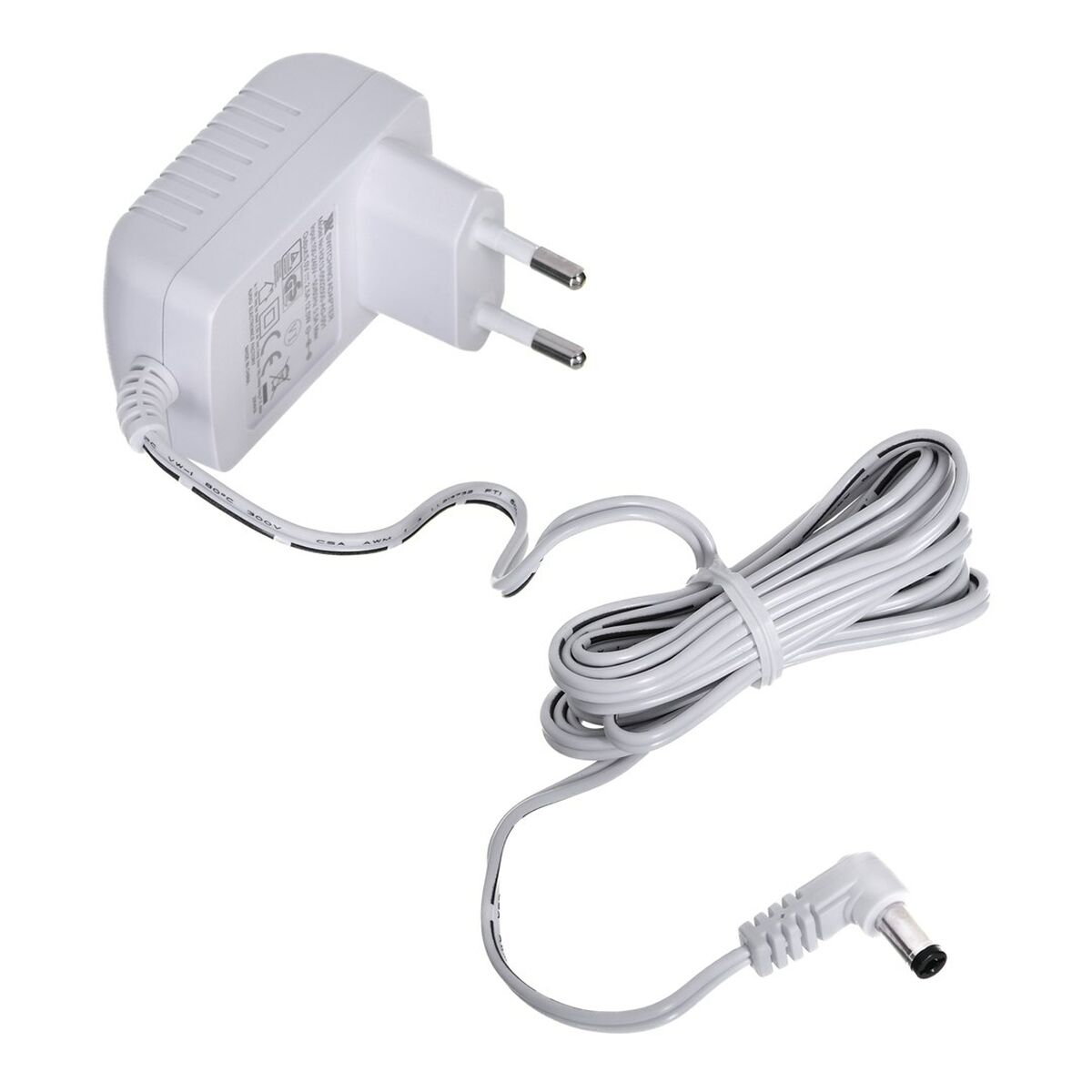 Weißes Netzteil mit Kabel. Das Kabel hat einen Stecker und einen Anschluss.