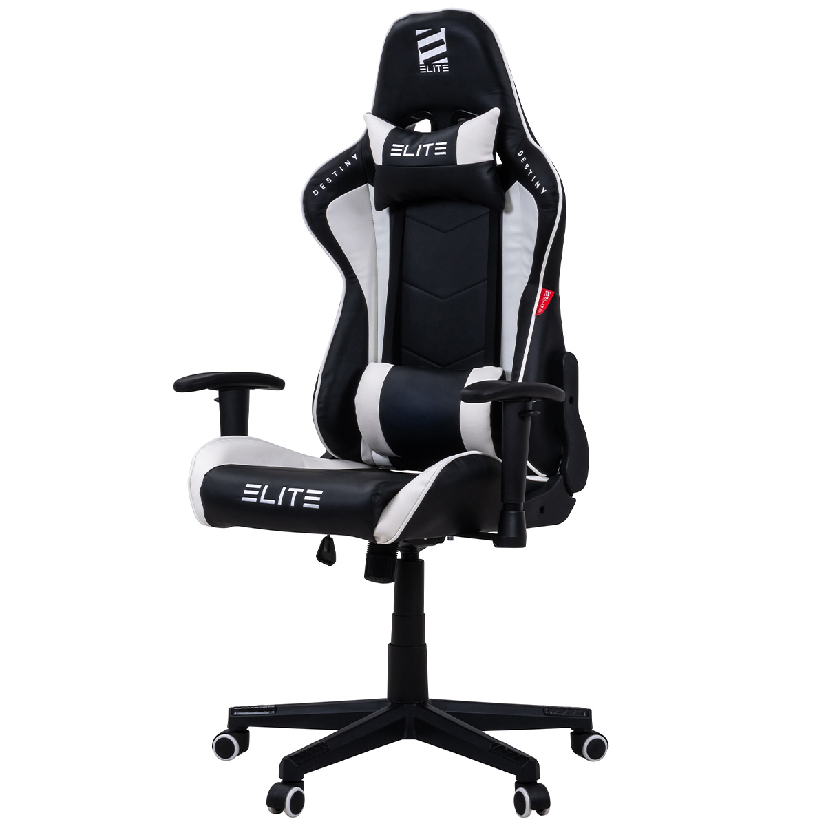 Gaming-Stuhl mit Schwarz-Weiß-Design. Der Stuhl hat eine Kopfstütze, ein Lendenkissen und Räder.