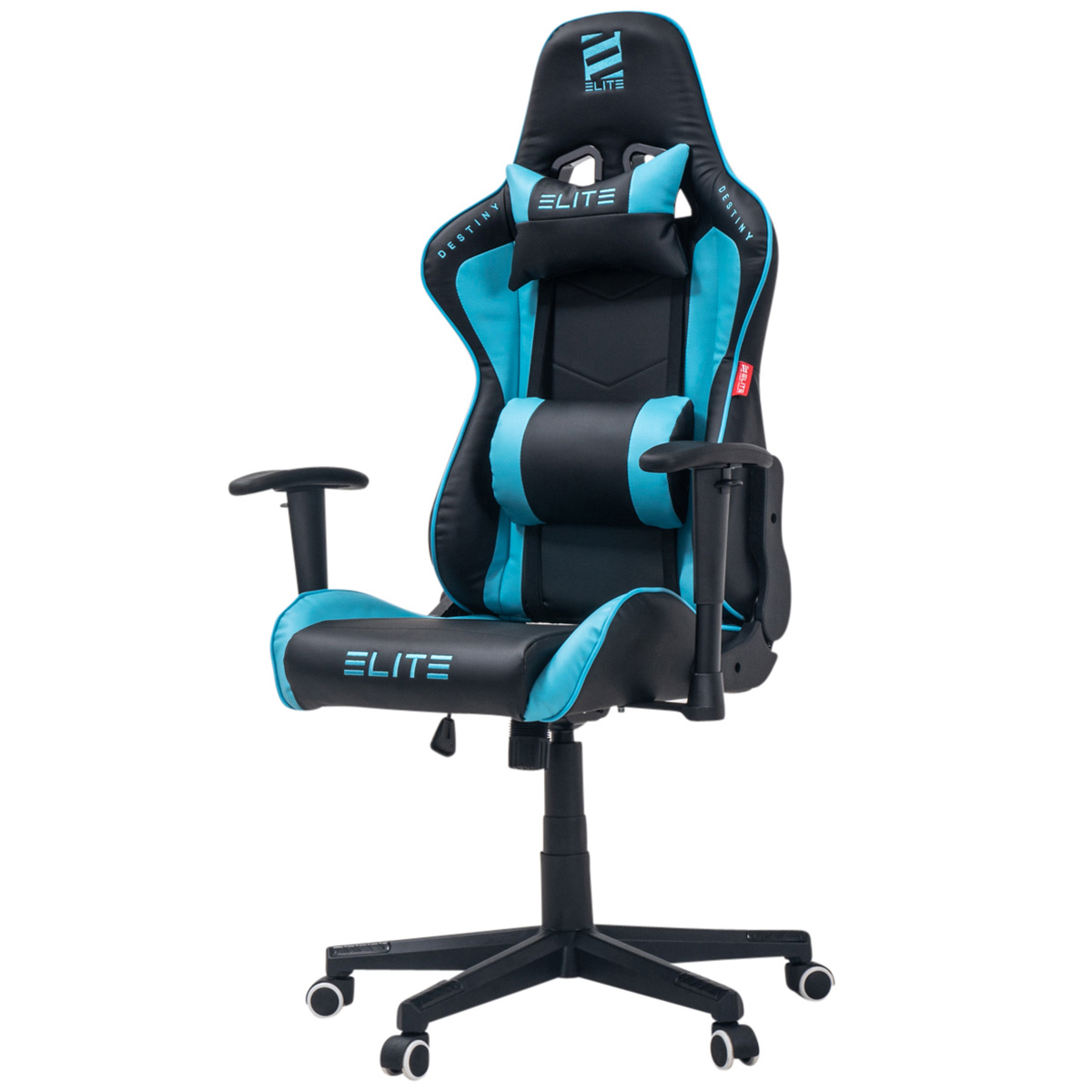 Ein Gaming-Stuhl mit blauen Akzenten, schwarzem Rahmen und Kopfstütze.