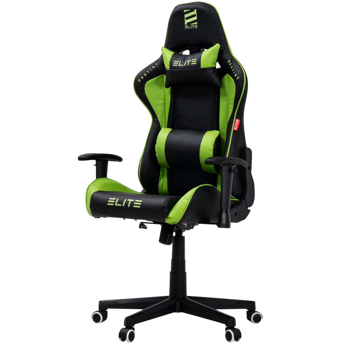 Schwarzer und grüner Gaming-Stuhl mit „ELITE“. Er hat eine Kopfstütze und Armlehnen. Der Hintergrund ist weiß.