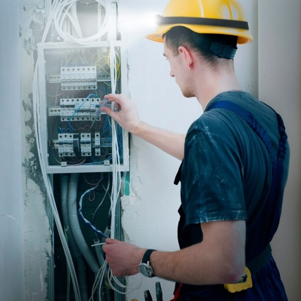Ein Elektriker arbeitet an einer Schalttafel. Er trägt einen gelben Schutzhelm.