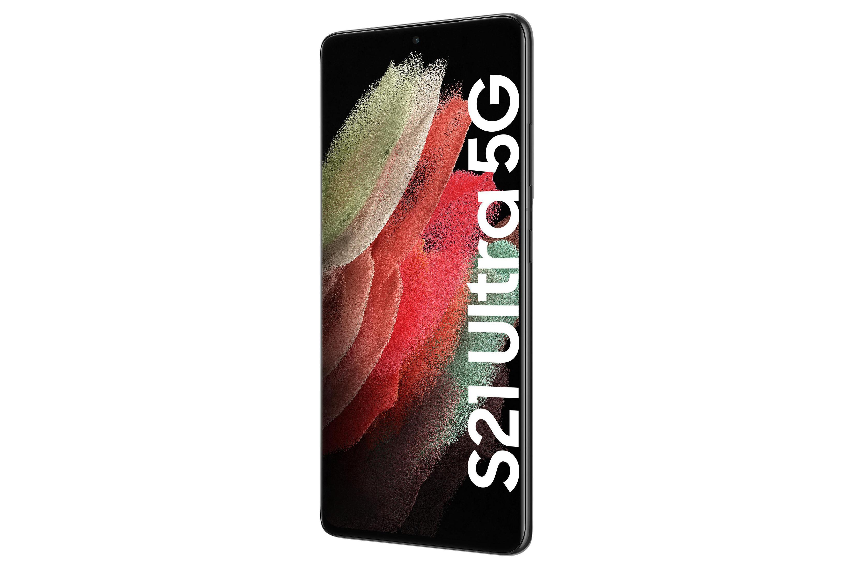 Czarny smartfon, biały tekst 'S21 Ultra 5G'. Białe tło.