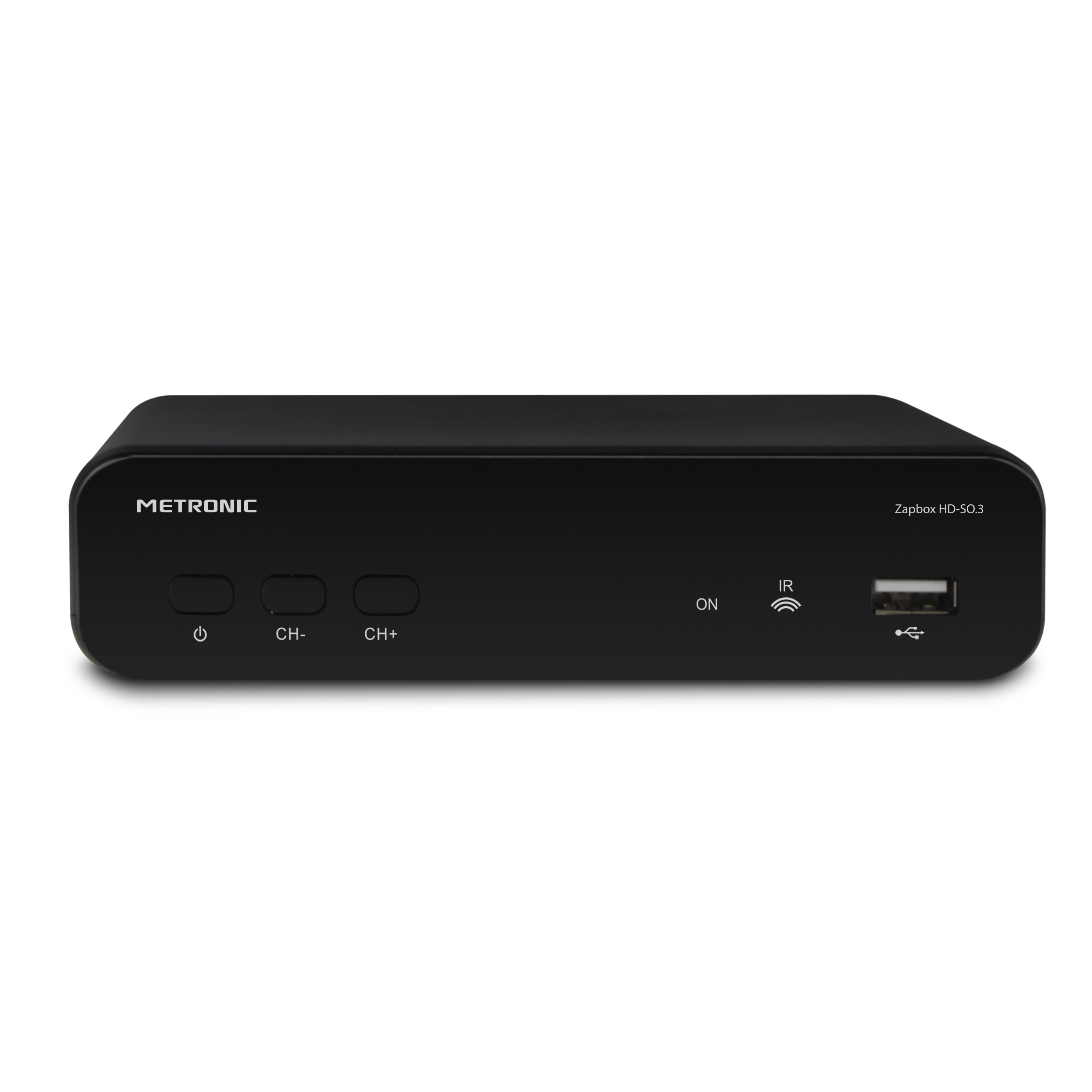 Receptor negro Metronic Zapbox HD-SQ.3 con botones y puerto USB. Fondo blanco.