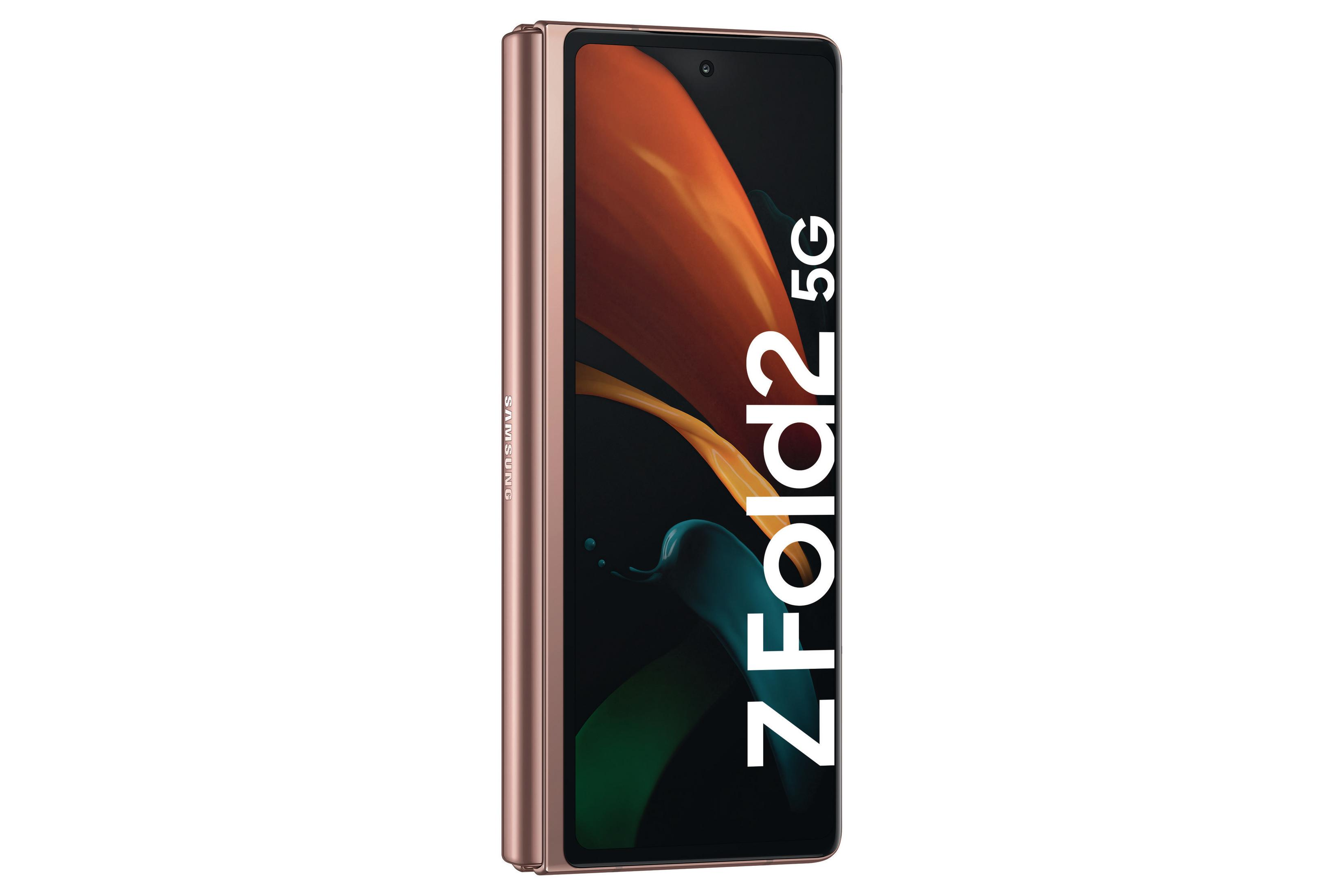 Faltbares roségoldenes Samsung Z Fold2 5G-Telefon, geschlossen und aufrecht. Der Bildschirm zeigt Inhalte.