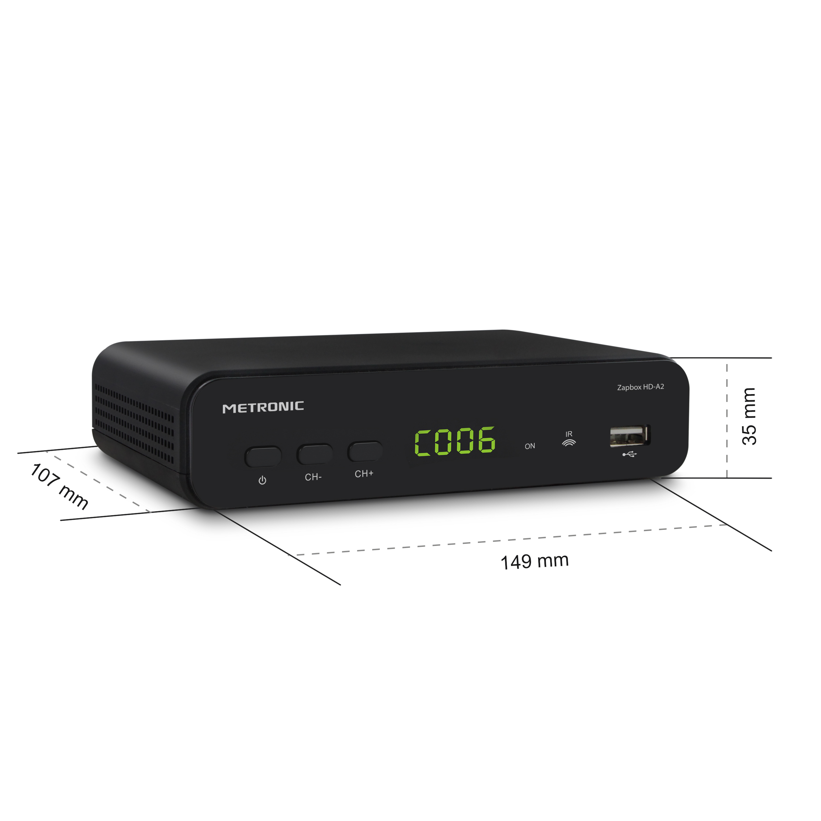 Decodificador Metronic negro con dimensiones indicadas. Tiene botones para encendido, canal y un puerto USB.