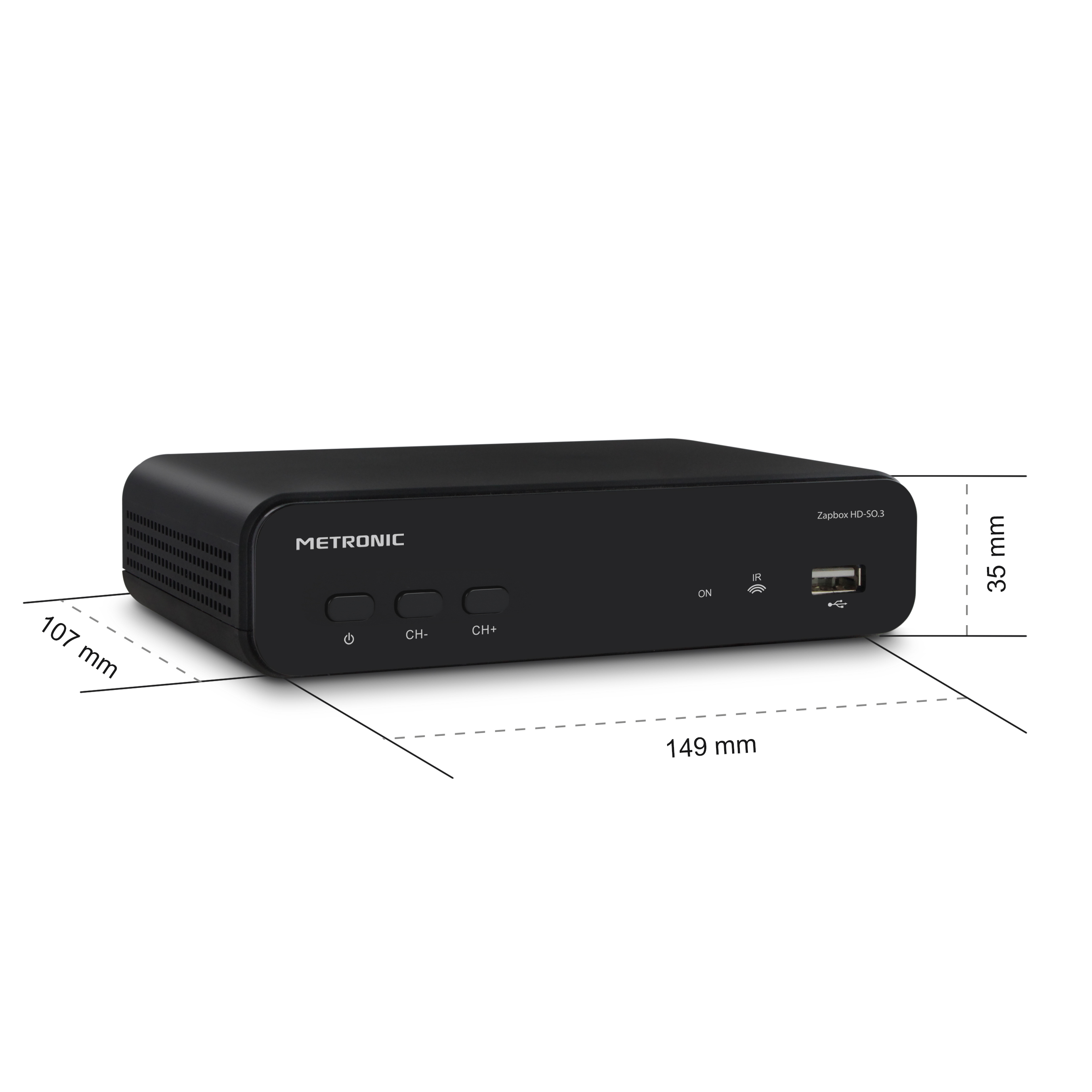 Un decodificador Metronic Zapbox HD 50.3 negro con dimensiones indicadas.