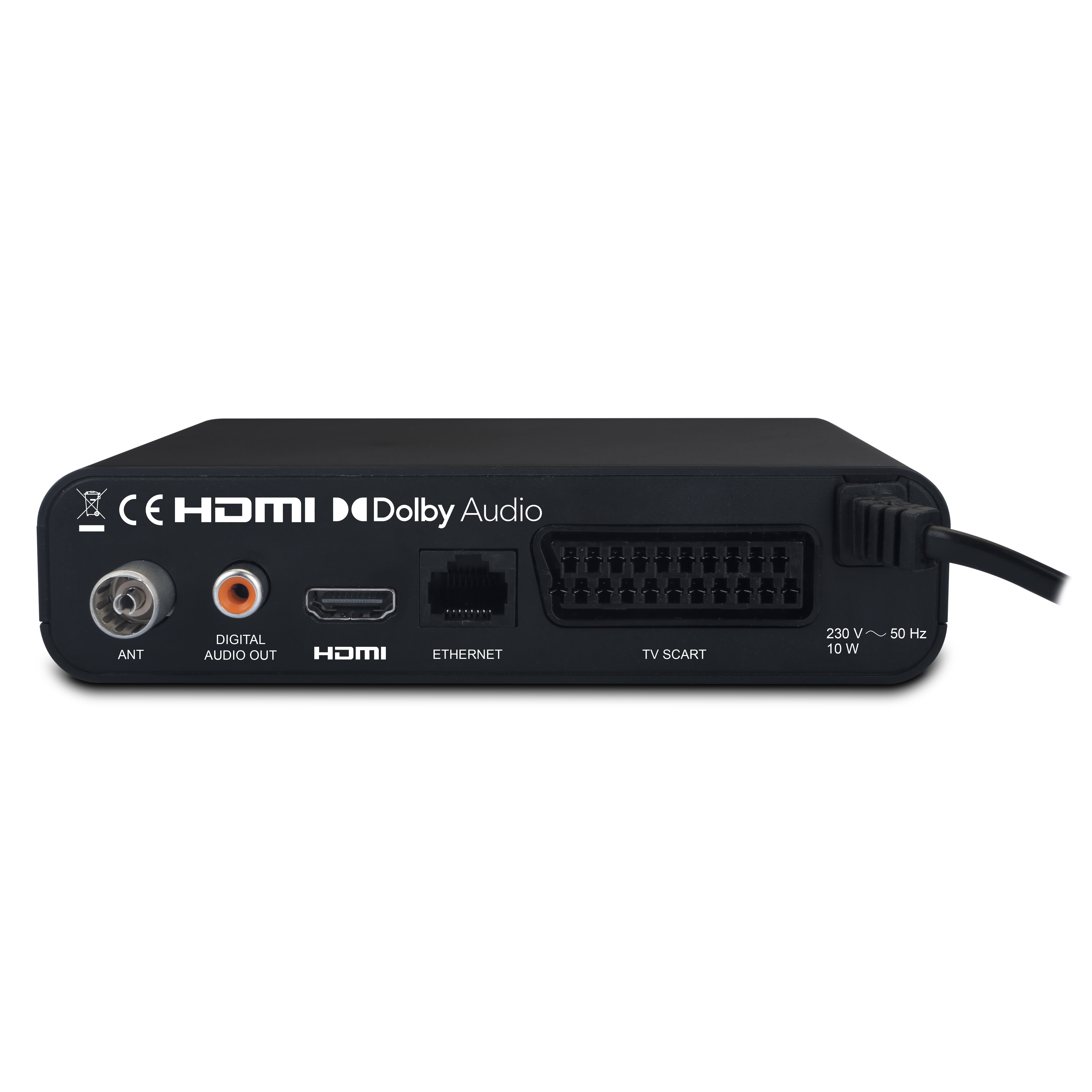 La parte trasera de una caja de TV negra con múltiples puertos. HDMI, Ethernet y audio.