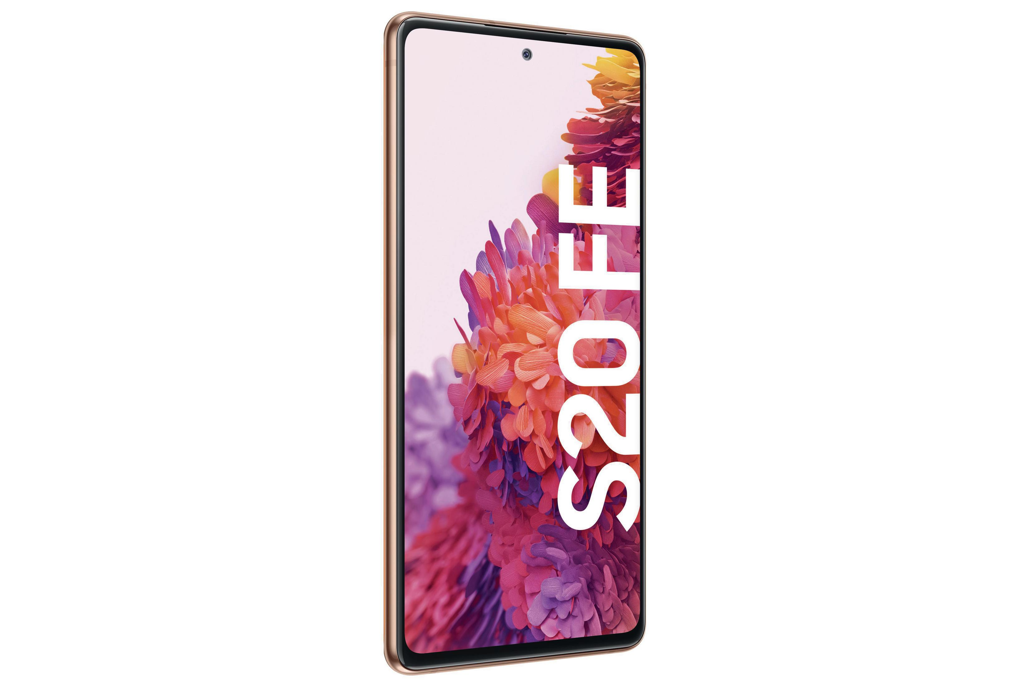 Ein goldenes Smartphone auf weißem Hintergrund, das den S20 FE-Bildschirm zeigt.