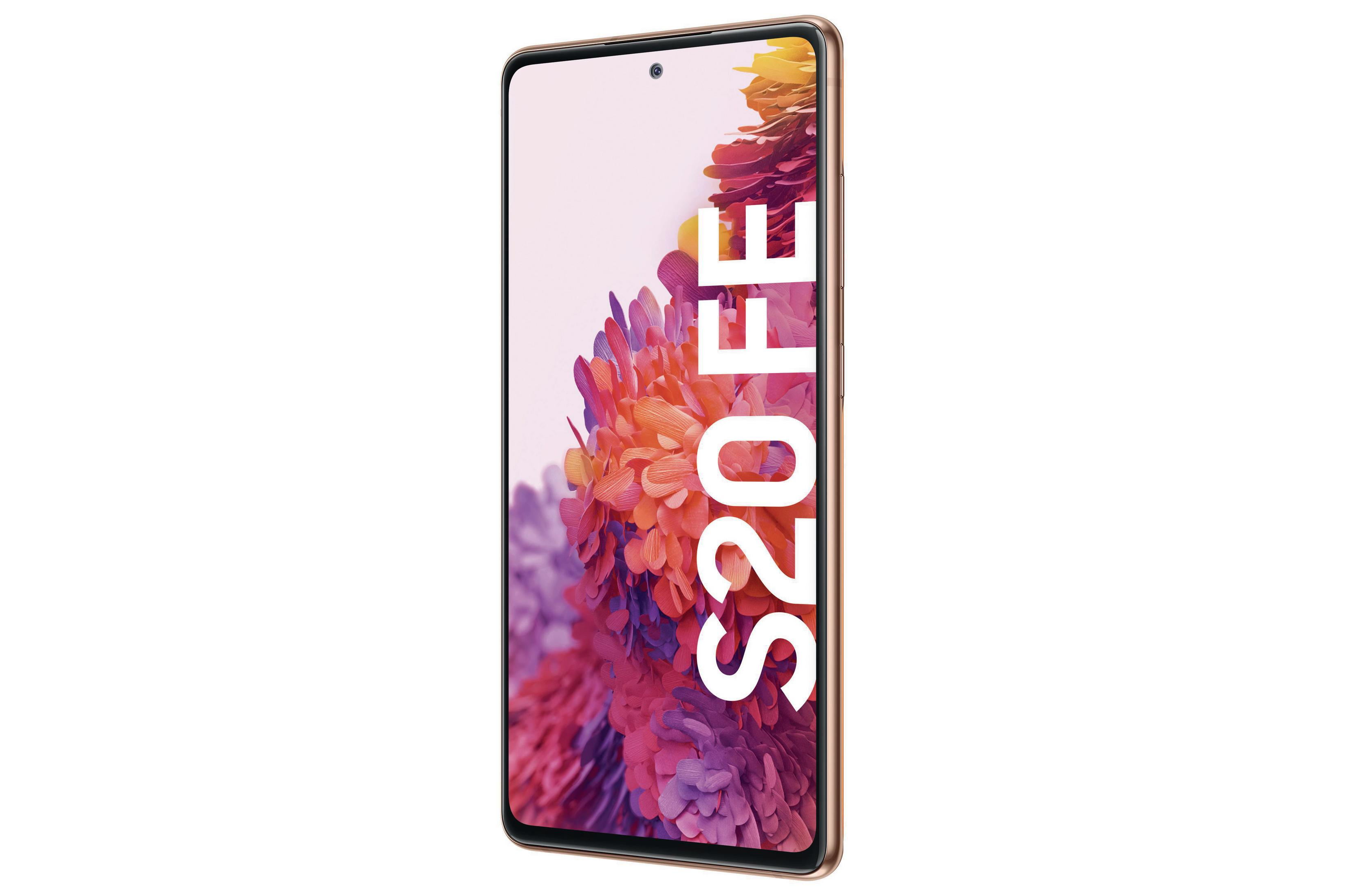 Ein goldenes Smartphone mit einem Bildschirm, der ein Blumenbild zeigt, mit 'S20 FE'.