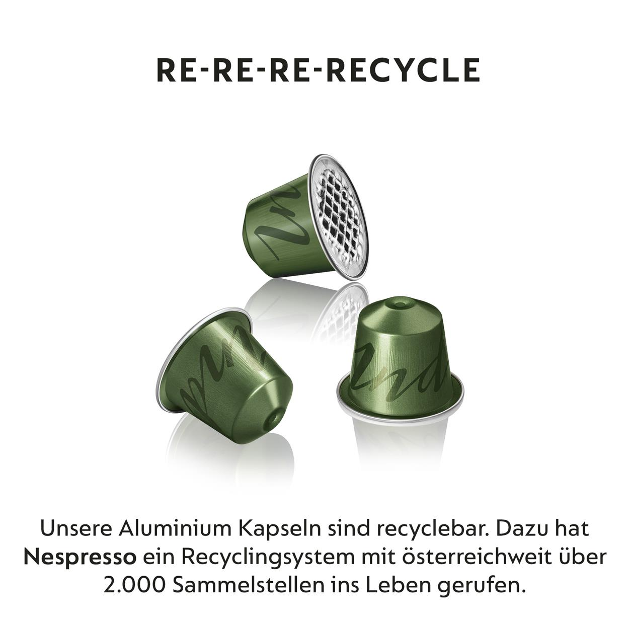 Drei grüne Nespresso-Kaffeekapseln, die das Recycling und Sammelstellen bewerben.