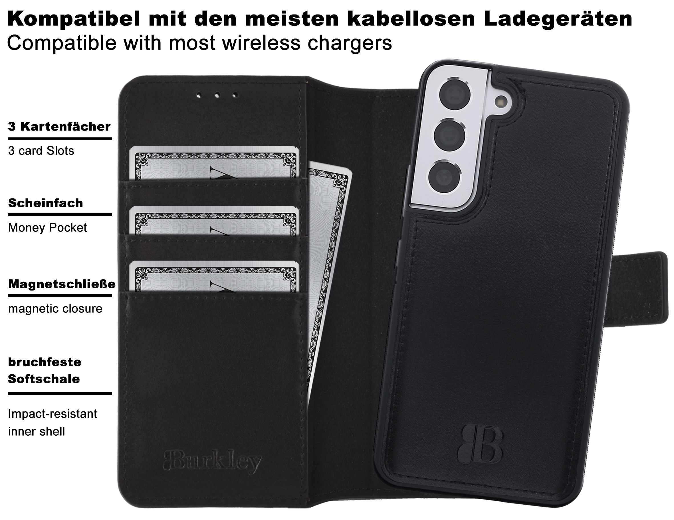 S22, Galaxy Handytasche BURKLEY 2-in-1 Cover, Samsung, Schwarz modularem Premium Full Leder mit Cover,