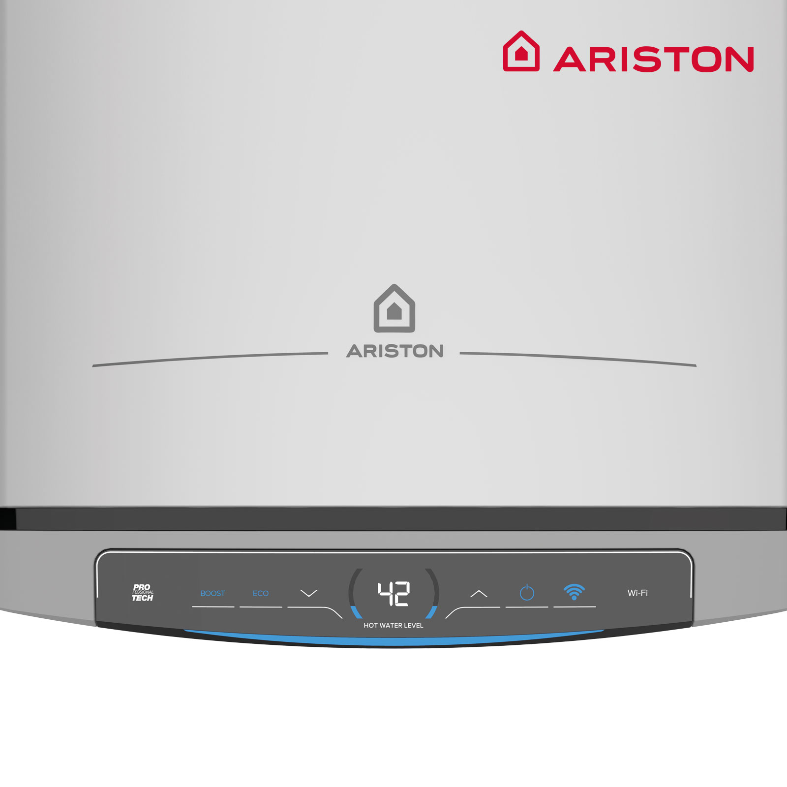 Primer plano del panel de control del calentador de agua Ariston. Muestra opciones de temperatura, boost, eco y wi-fi.