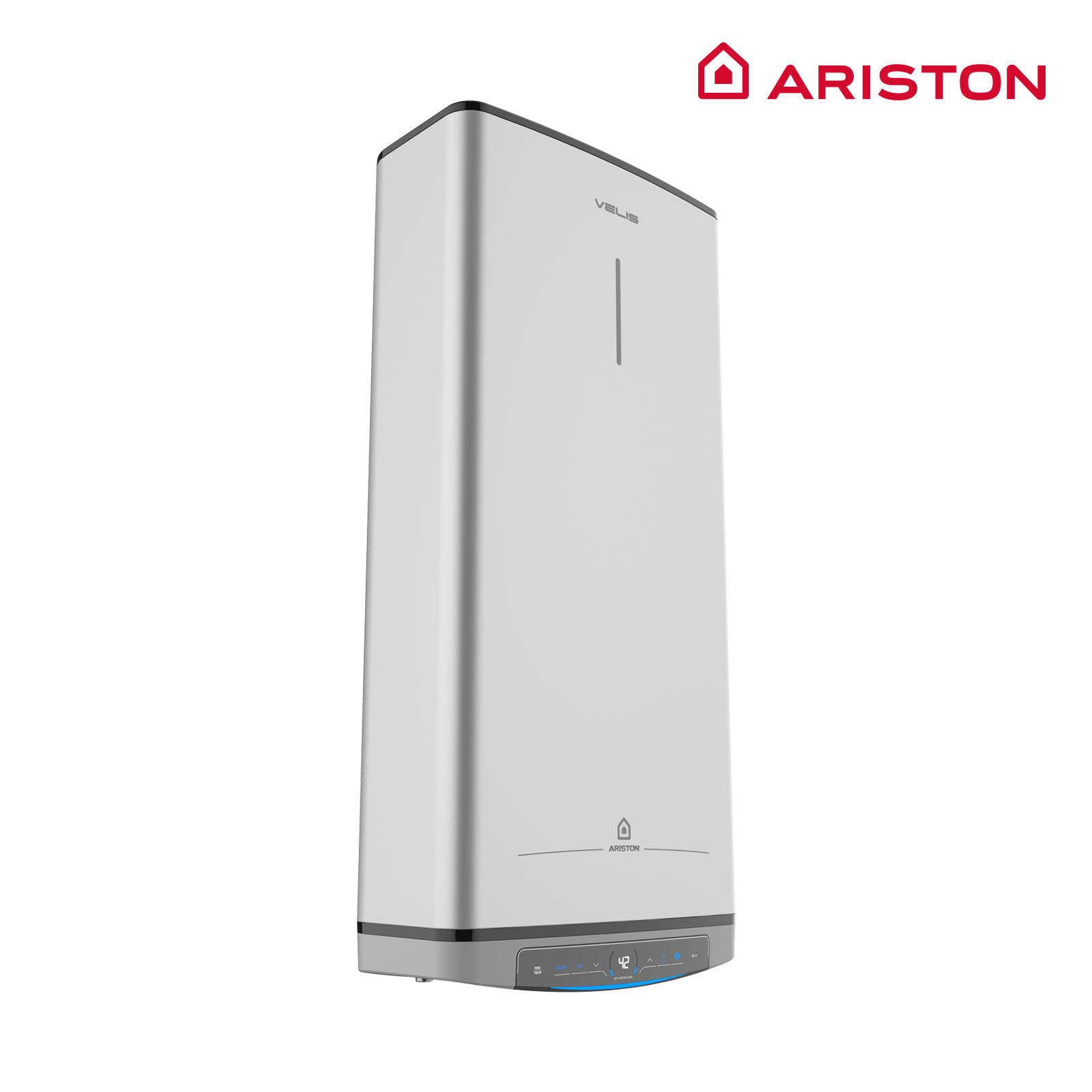 Un calentador de agua blanco con el logo de Ariston. Tiene una pantalla digital y una luz azul en la parte inferior.