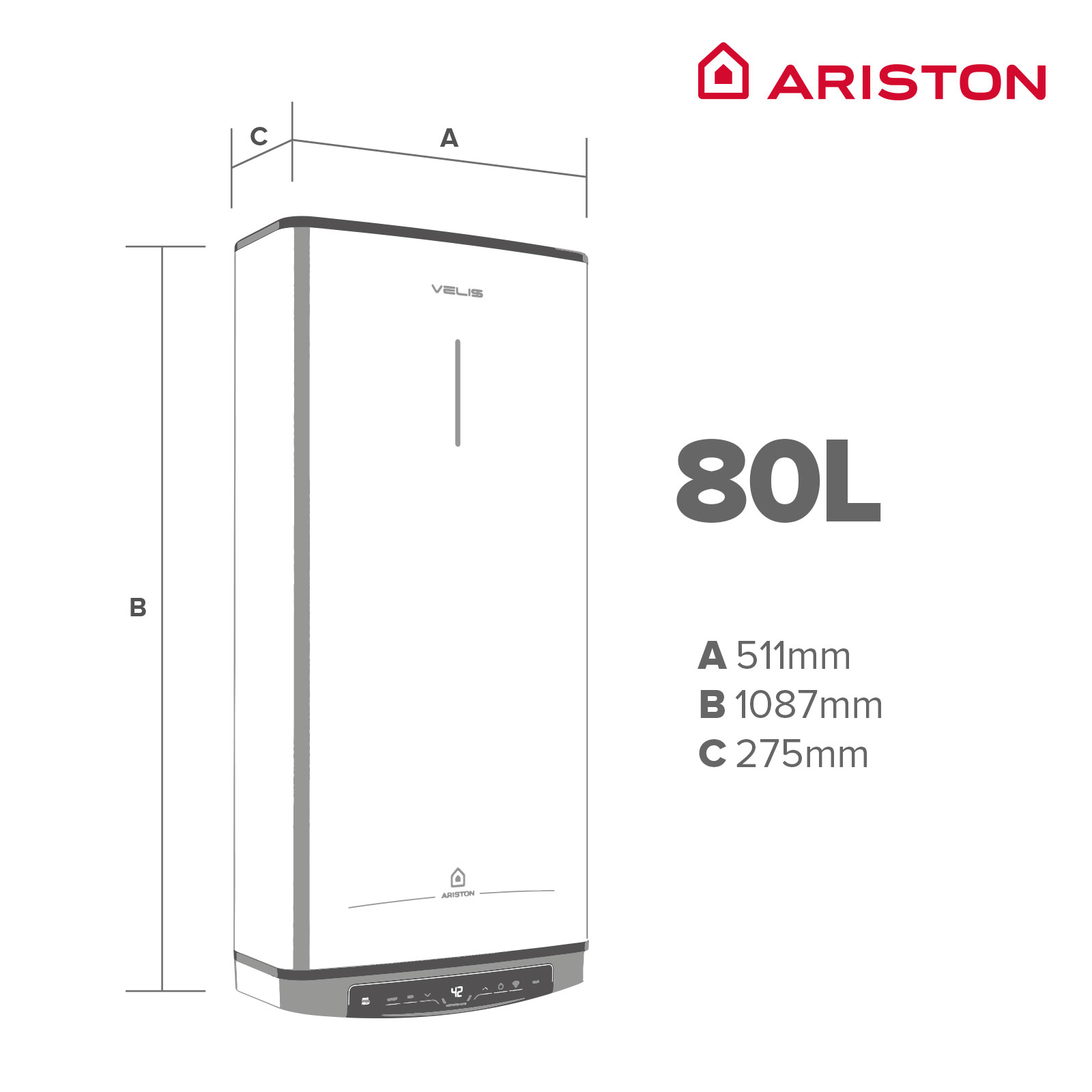 Calentador de agua blanco con dimensiones, marca Ariston y nombre de modelo Velis. Tiene botones de control en la parte inferior.