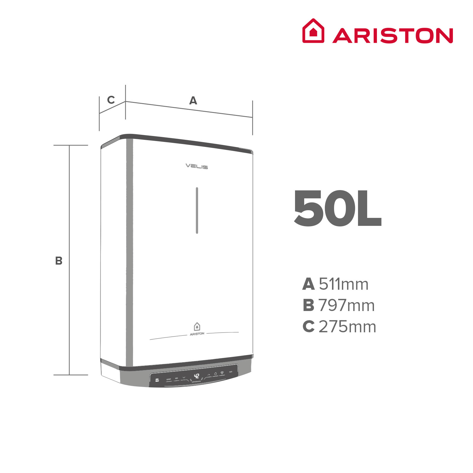 Un diagrama blanco de un calentador de agua con dimensiones etiquetadas. La marca ARISTON está en la parte superior.