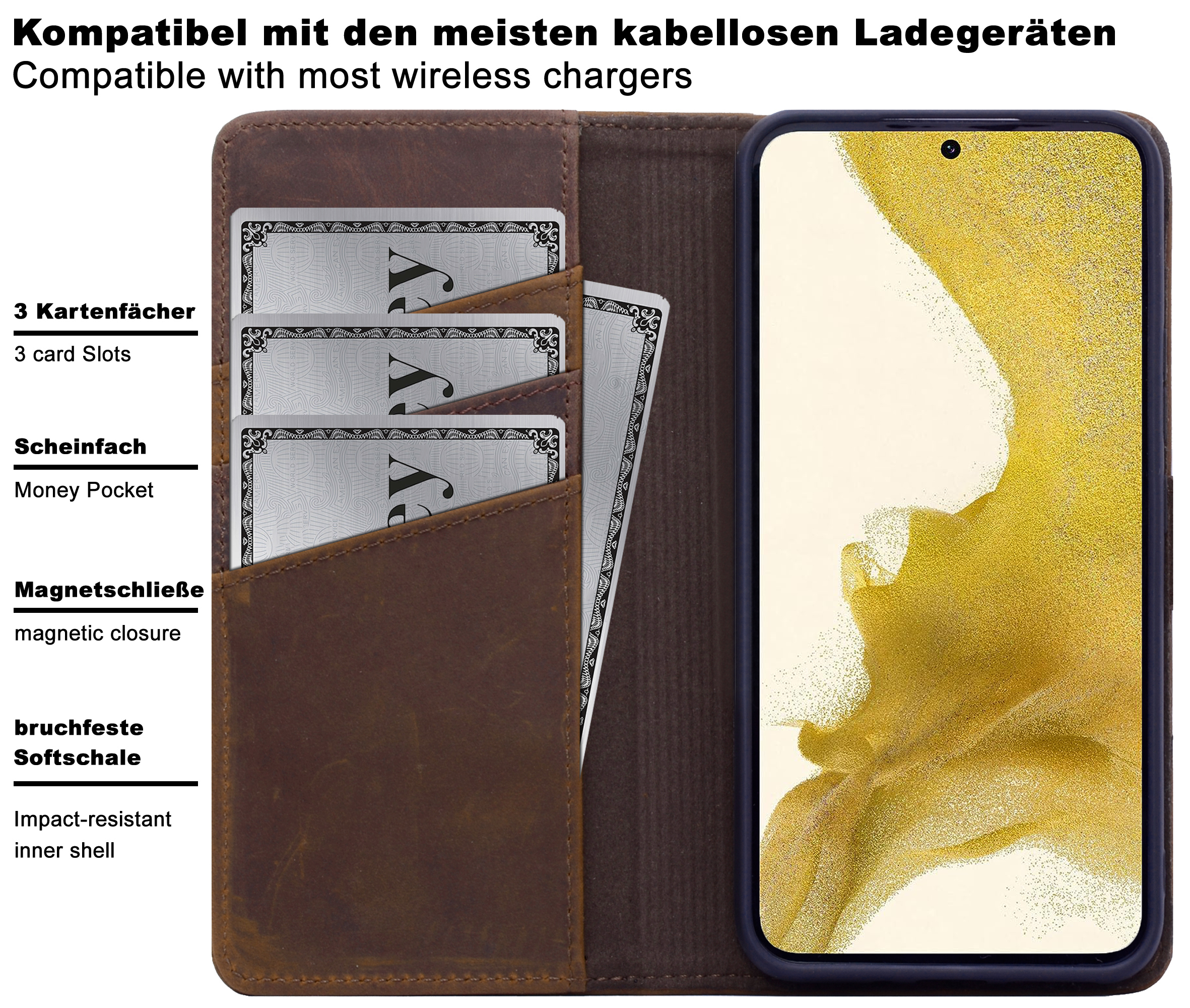 BURKLEY Handytasche, Galaxy Sattelbraun / Burnished Bookcover, S22, Samsung, Leder