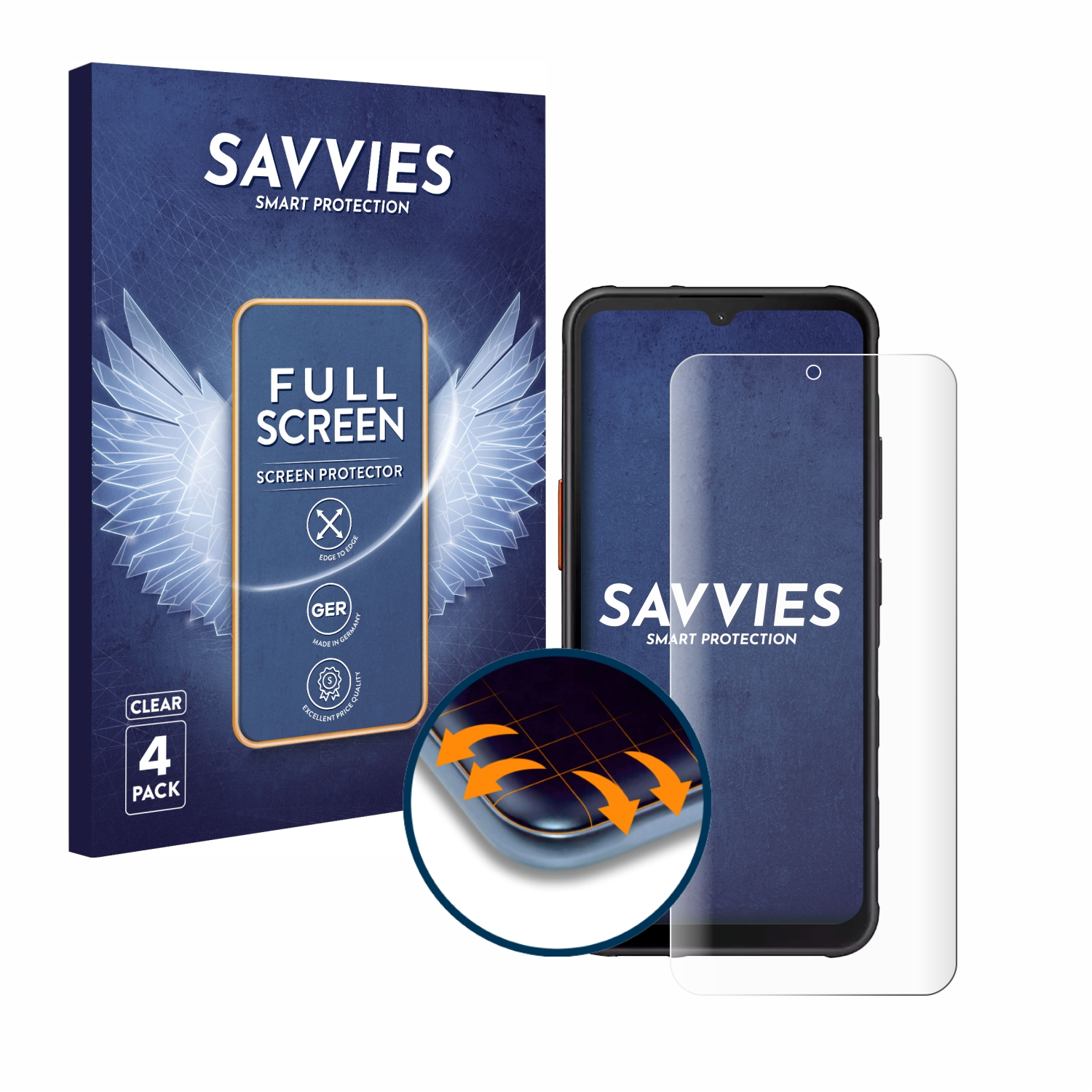 Handy-Displayschutzfolienbox und Displayschutzfolie auf weißem Hintergrund mit einem Handy.