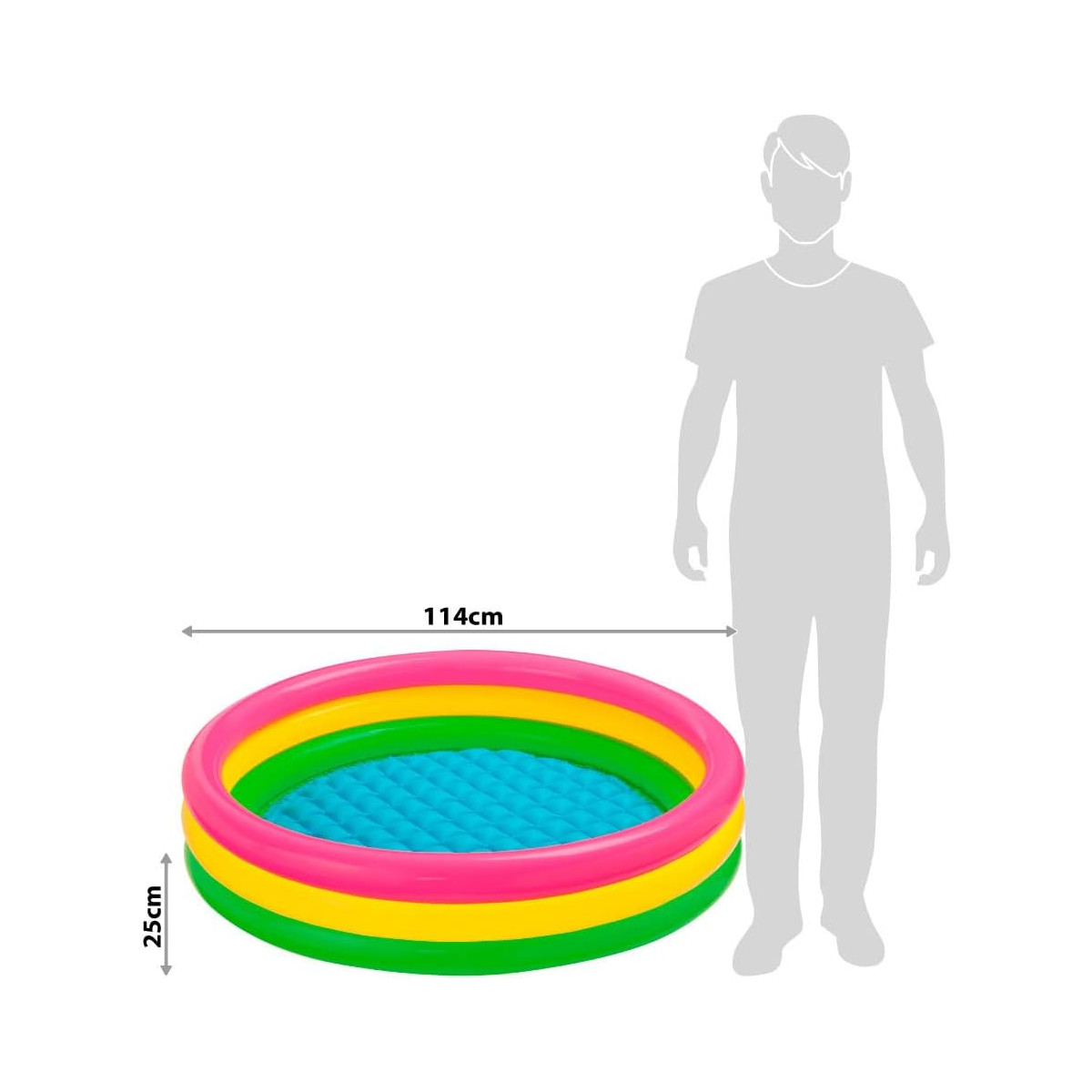 Ein bunter aufblasbarer Pool. Eine Person steht daneben und zeigt die relative Größe des Pools.