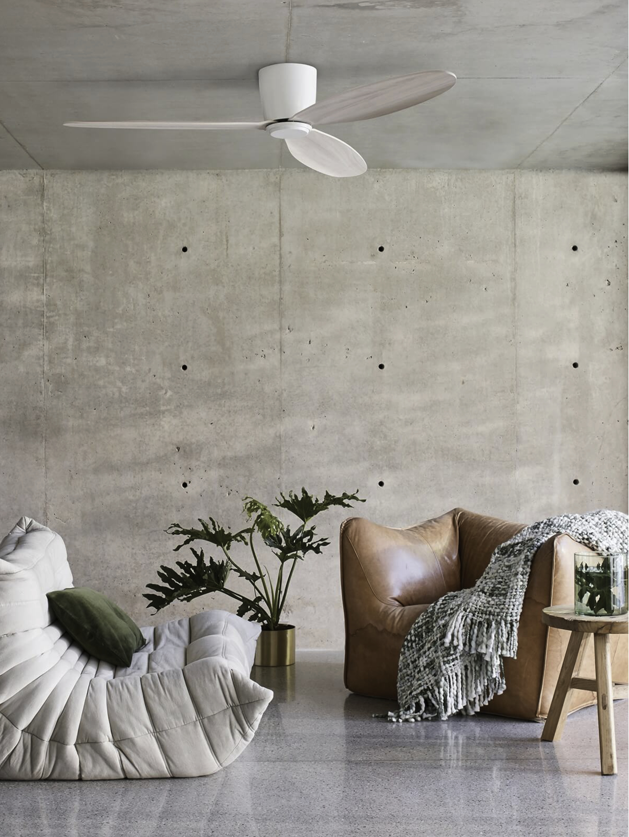 Wohnzimmer mit Betonwand. Deckenventilator, Sofa, Sessel, Pflanze.