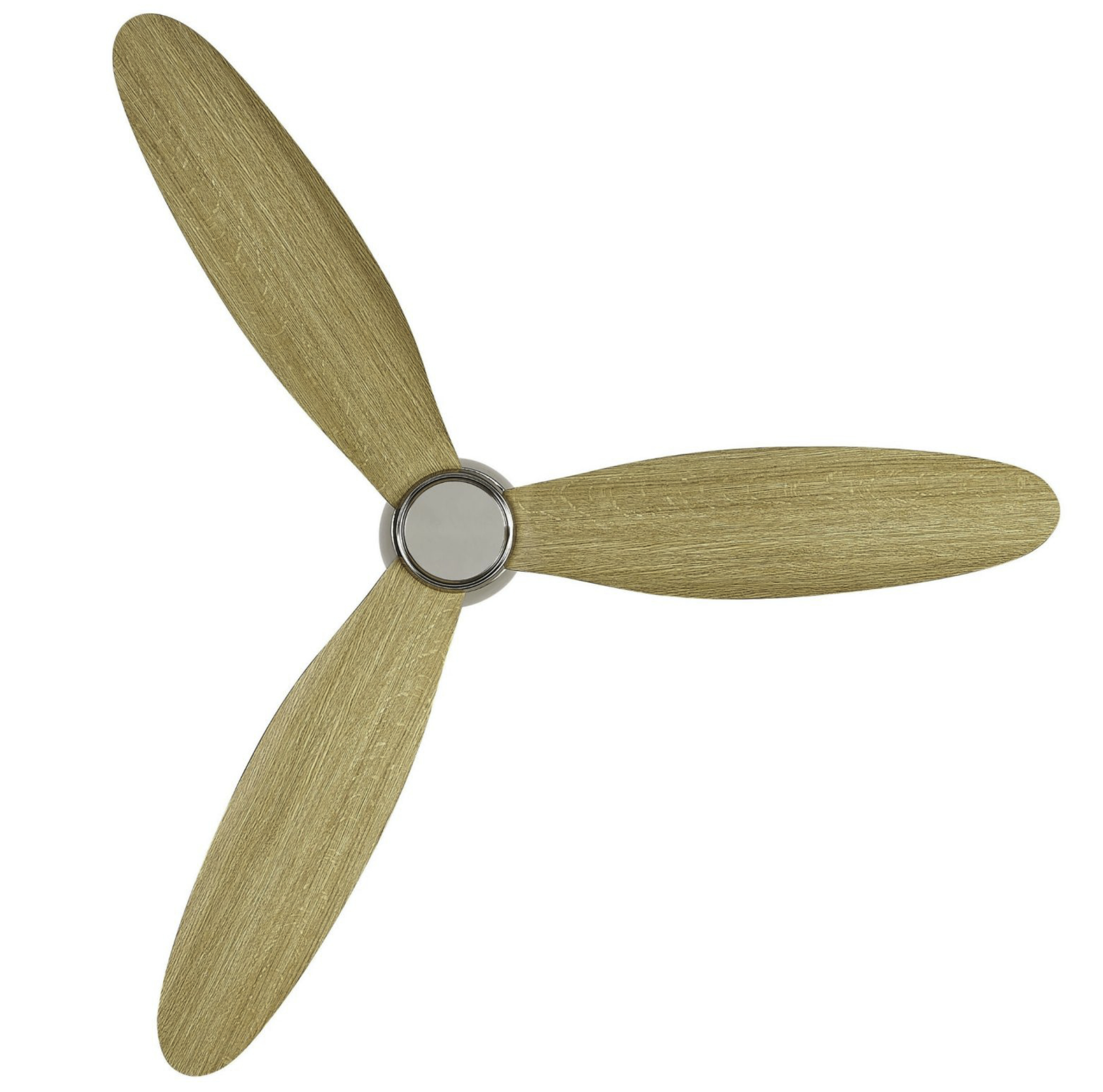 Deckenventilator mit drei hellbraunen Holzflügeln und einem silbernen Mittelteil.