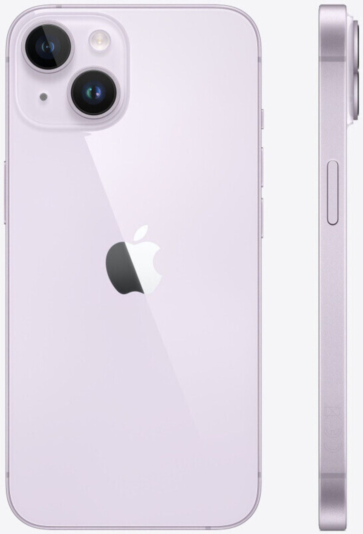 Un iPhone lavanda con sus perfiles trasero y lateral visibles. La parte trasera presenta el logotipo de Apple y las lentes de la cámara.
