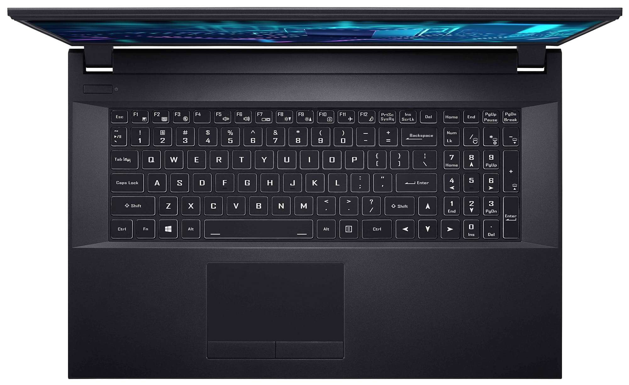 Klawiatura laptopa, widok z góry, z klawiszami i panelem dotykowym.