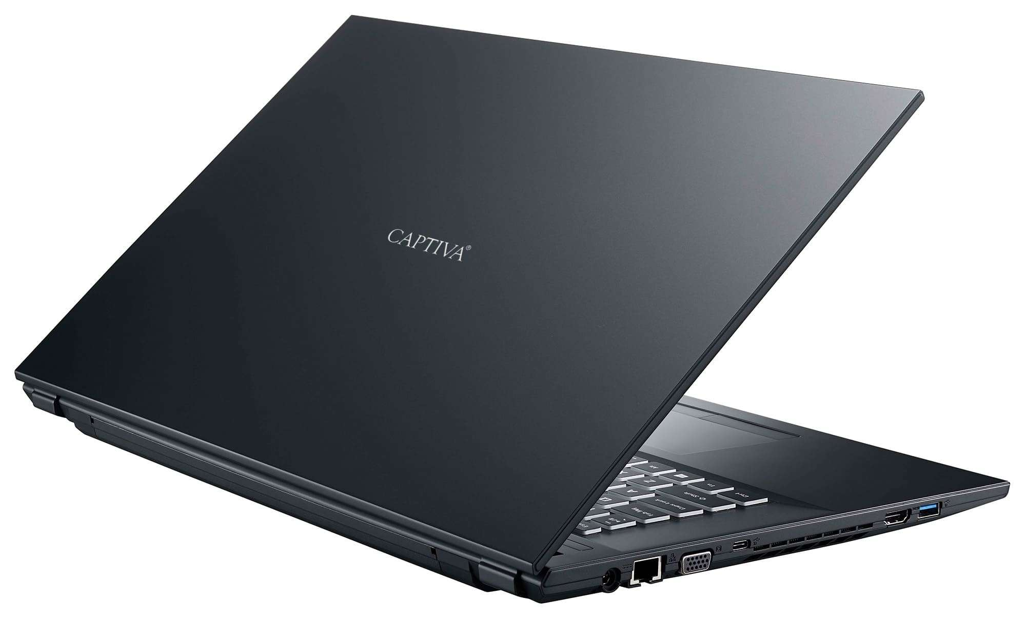 Czarny laptop z otwartą pokrywą. Słowo „CAPTIVA” znajduje się na pokrywie.