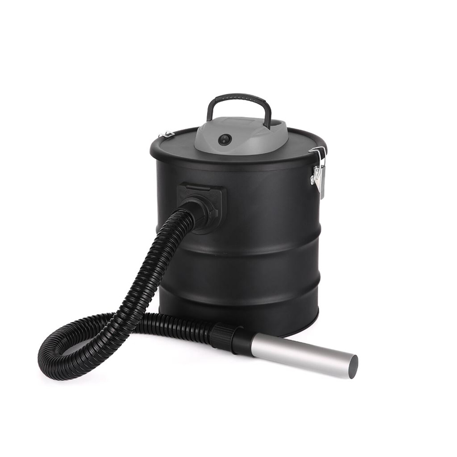 Aspirapolvere nero umido-secco con tubo e ugello, su sfondo bianco.