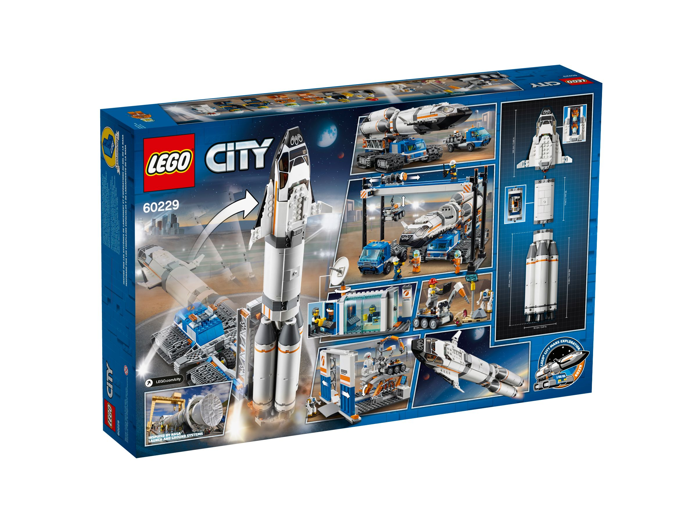 Una scatola di razzi spaziali LEGO City con una scena della stazione spaziale sopra. La scatola è blu e bianca.
