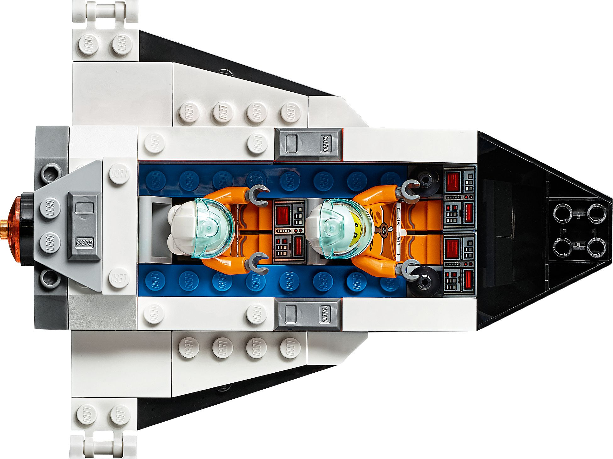 Interno di un'astronave Lego. Due figure di astronauti sono all'interno. Vista dall'alto.