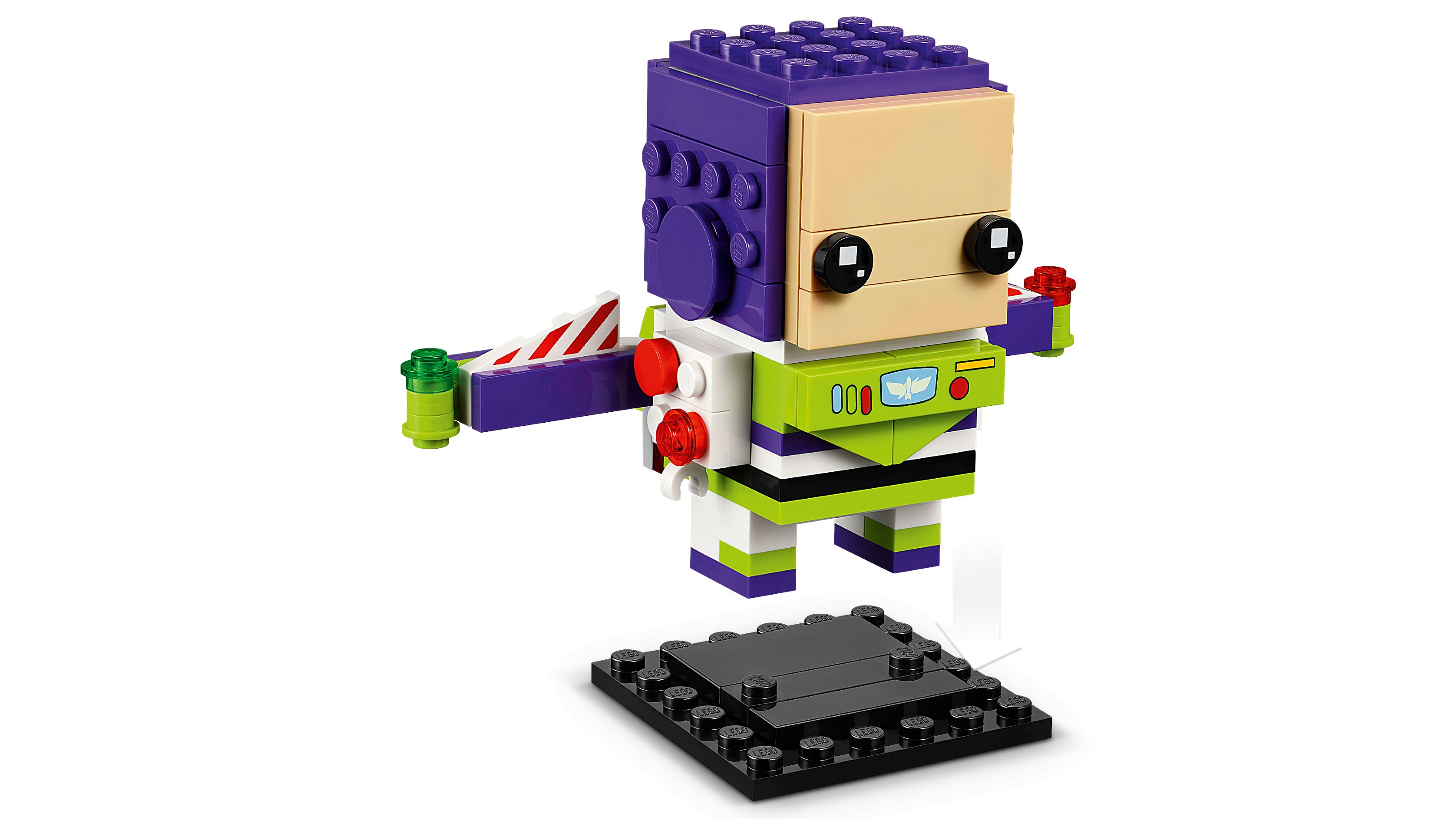 Siyah bir taban üzerinde bir Lego Buzz Lightyear figürü, çoğunlukla mor, yeşil ve beyaz.