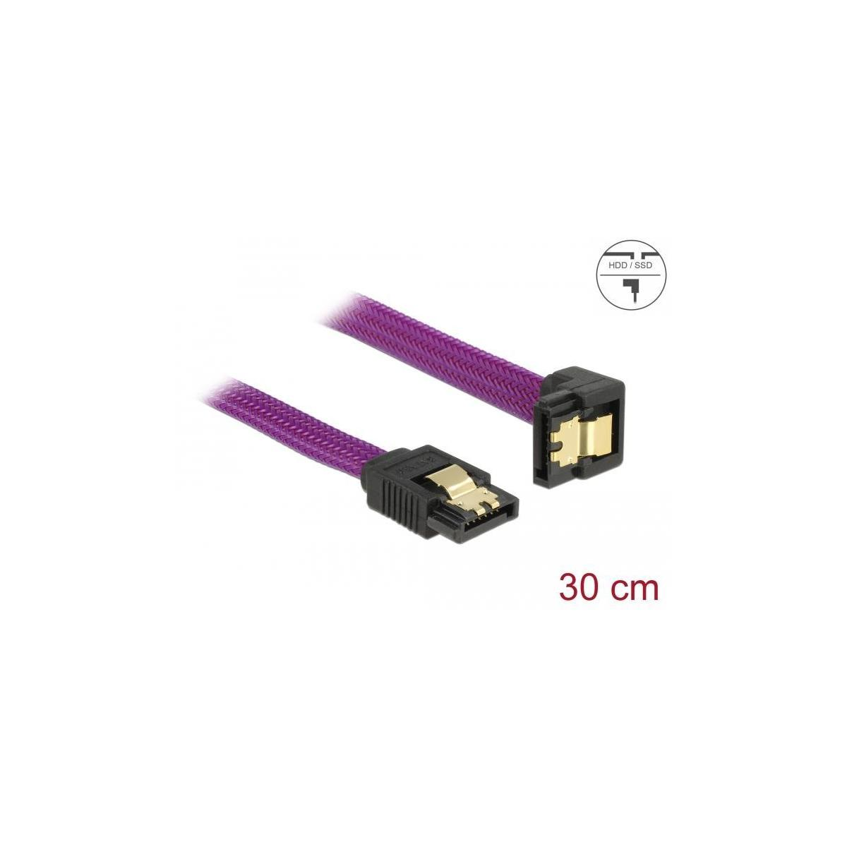 Cavo SATA viola con connettori neri. Il cavo è a fuoco su sfondo bianco.