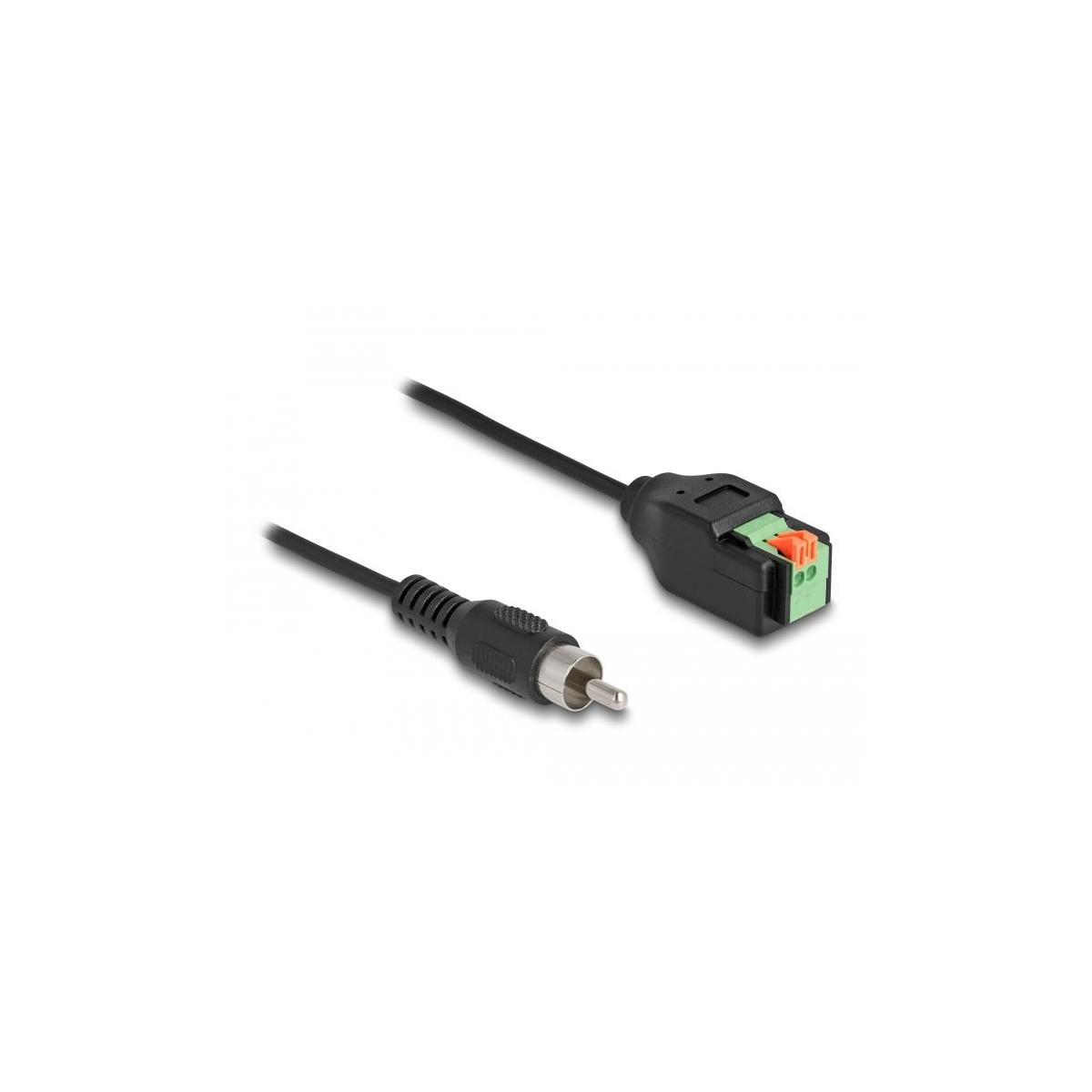 Un cavo RCA con un connettore nero e una singola spina RCA, su sfondo bianco.