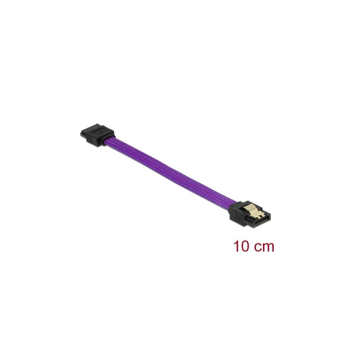 Un cavo SATA viola da 10 cm con connettori neri su entrambe le estremità, su sfondo bianco.