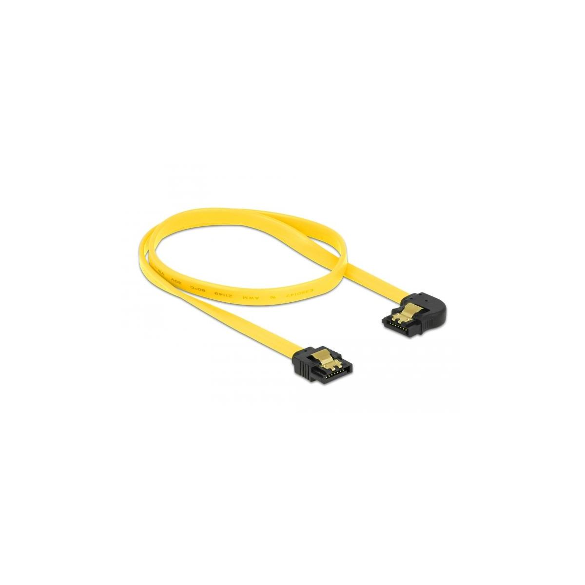 Gele SATA-kabel met connectoren aan elk uiteinde, op een witte achtergrond.