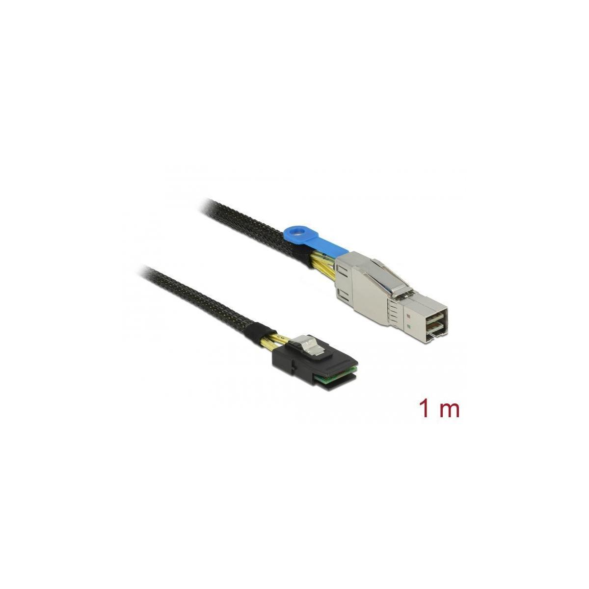 Cavo SATA nero con connettore blu e un connettore standard, etichettato con "1 m".