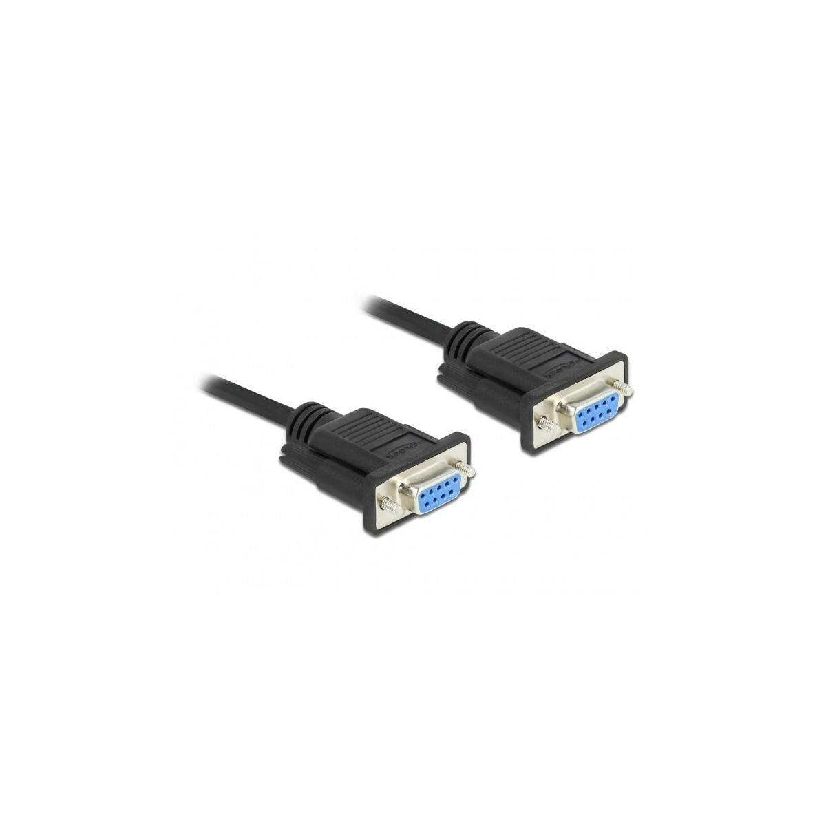 Due cavi seriali DB9 neri maschio-maschio con connettori blu su sfondo bianco.