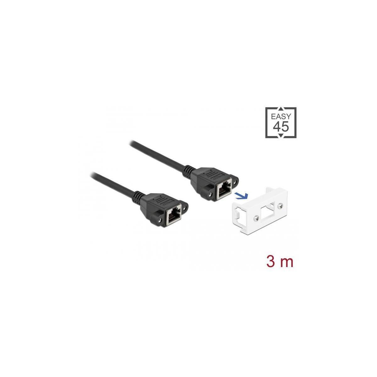 Zwei schwarze Ethernet-Kabel mit Steckern und eine weiße Wandplatte mit der Aufschrift 'easy 45' und '3 m'.