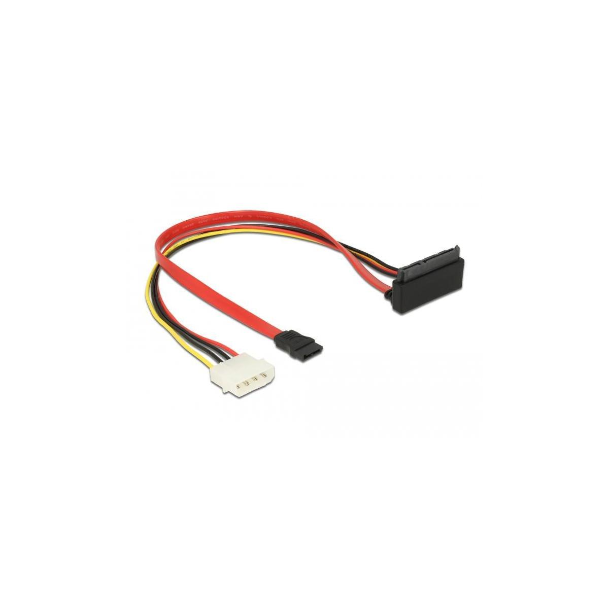 Cavo dati SATA con connettori. Rosso e nero. Sfondo bianco.