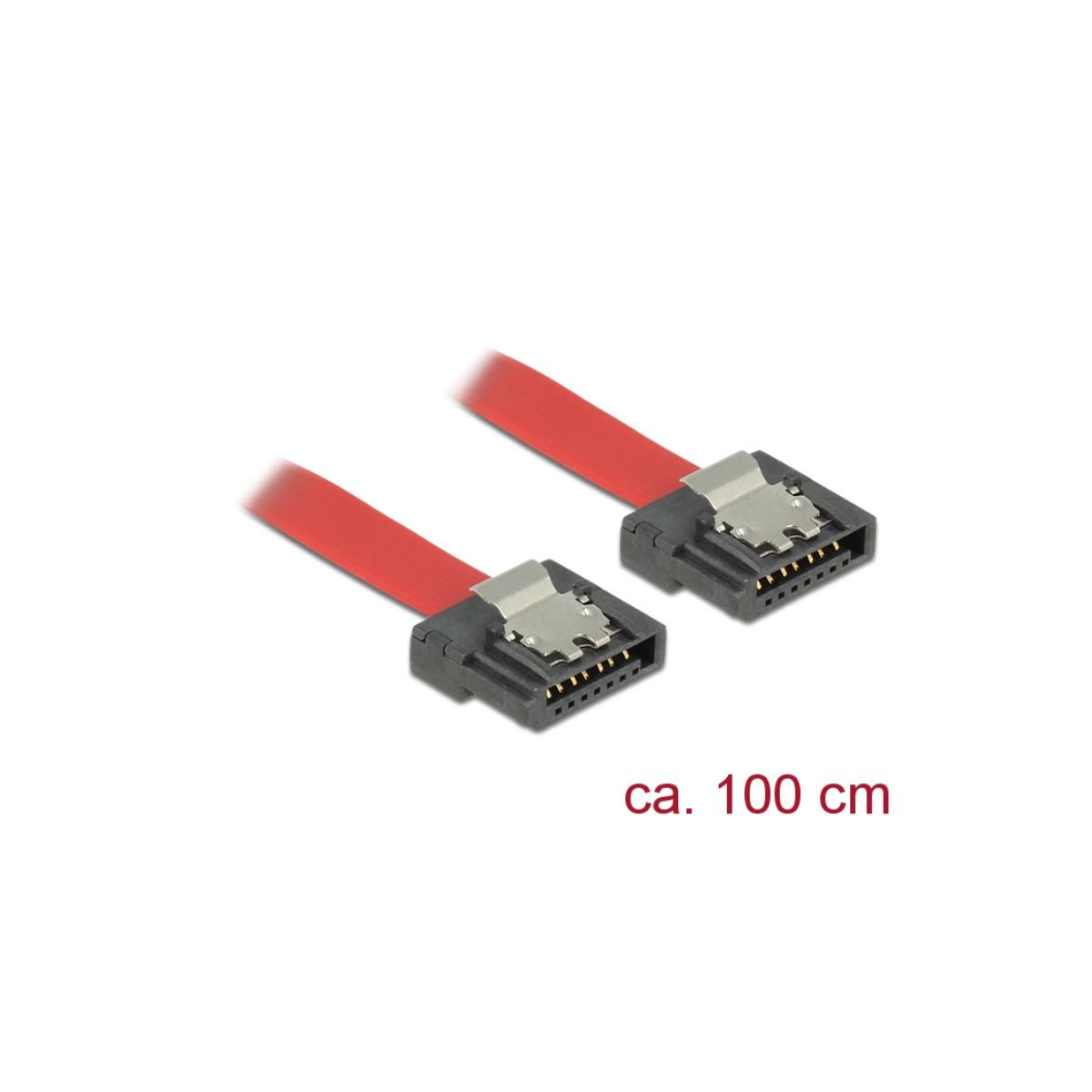 Cavo dati SATA rosso con connettori neri. Circa 100 cm di lunghezza segnata a destra.