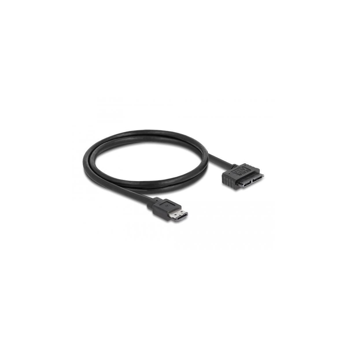 Cavo SATA nero con connettore USB e SATA, su superficie bianca.