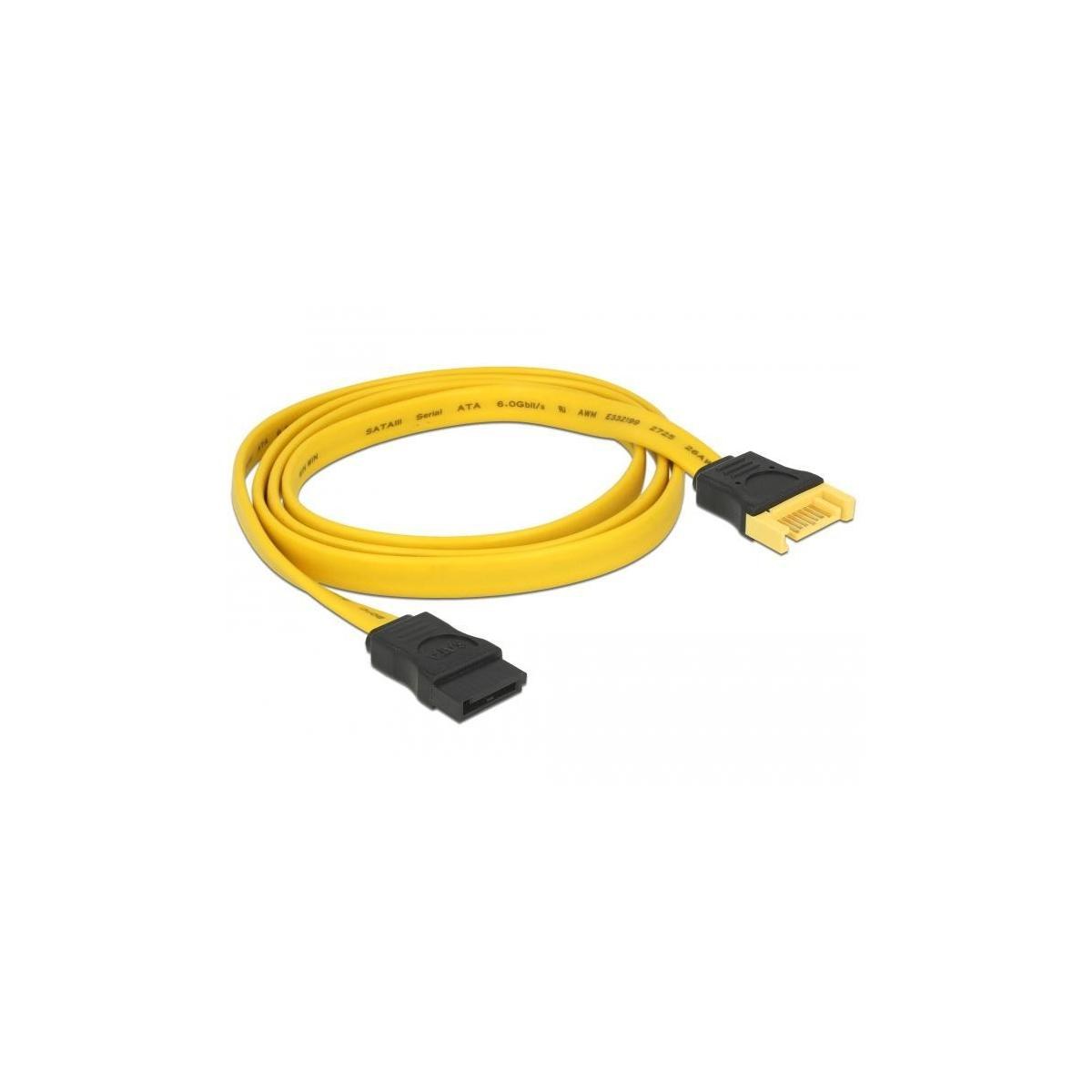 Cavo SATA giallo con connettori neri. Sfondo bianco.