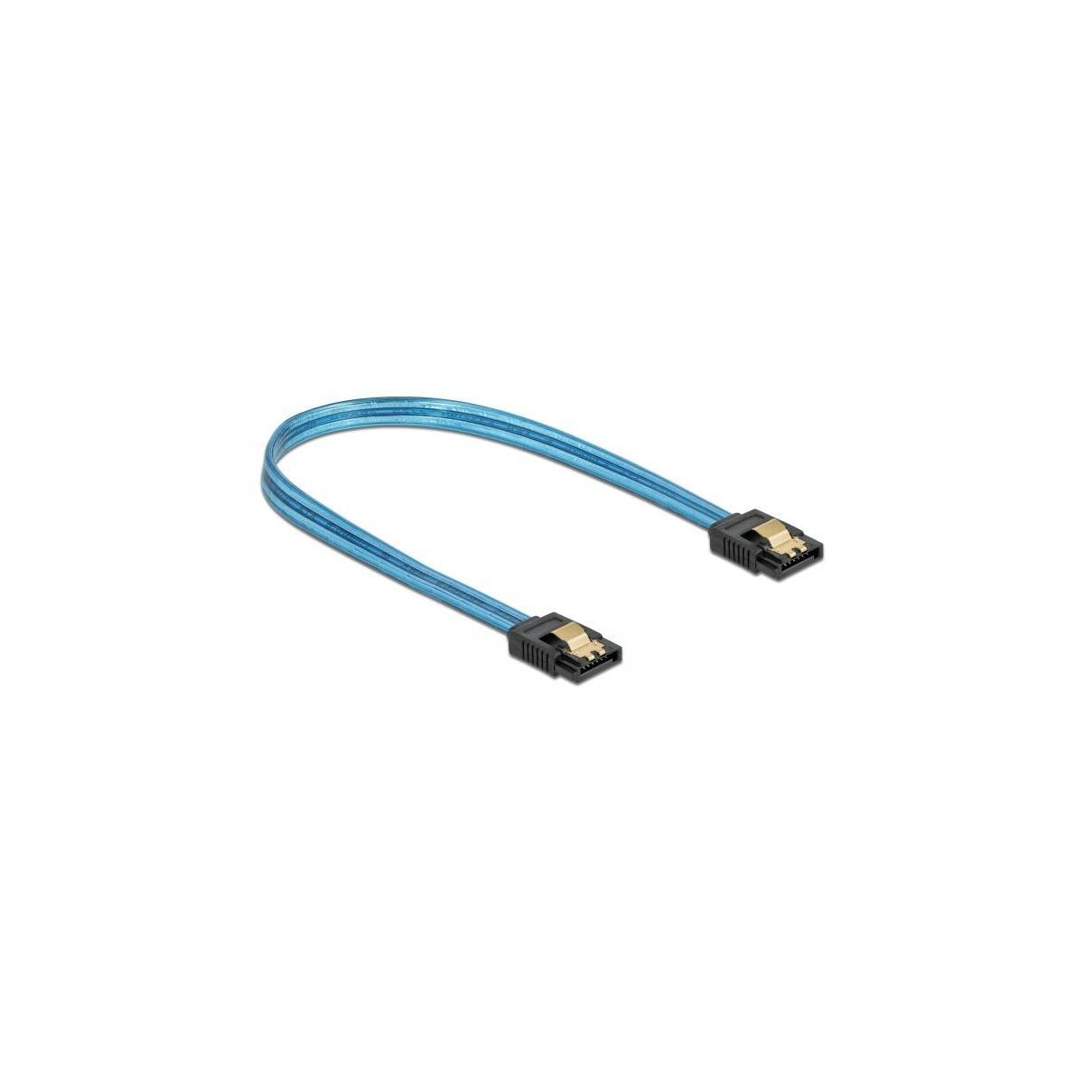 Un cavo SATA blu con connettori neri, su sfondo bianco, curvo al centro.