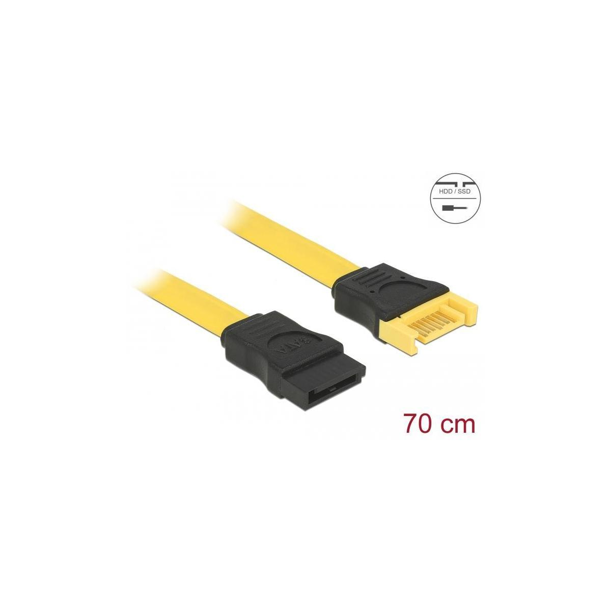 Un cavo SATA giallo con connettori neri su sfondo bianco. Il testo 70 cm è visibile.