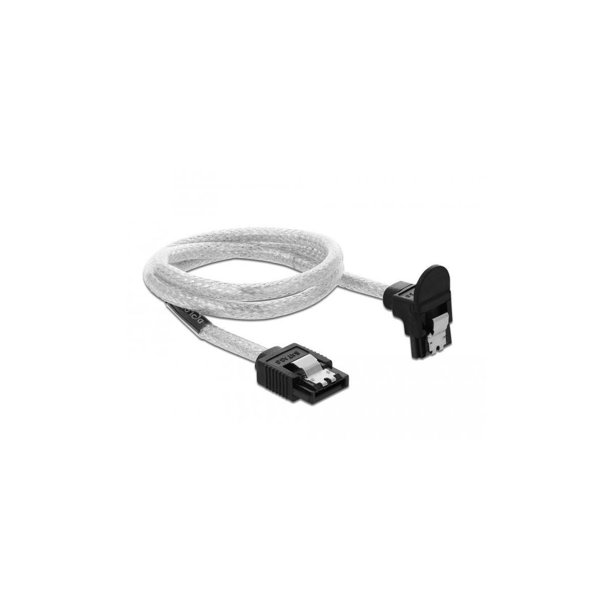 Cavo SATA bianco con rivestimento intrecciato argentato, con connettori neri su entrambe le estremità.