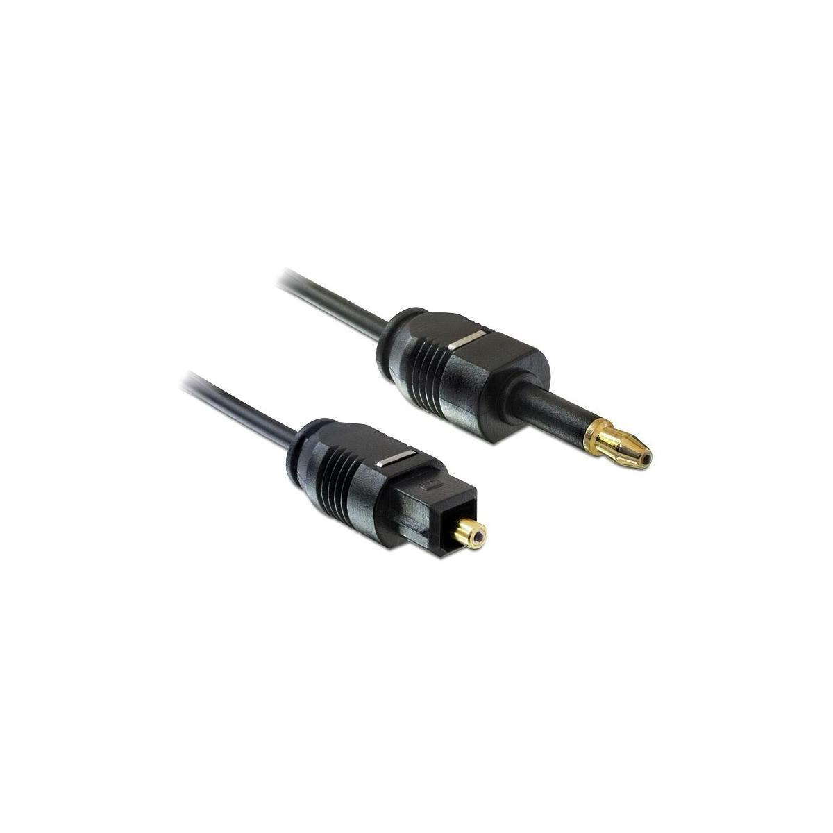 Optisches Audiokabel mit schwarzen Steckern an jedem Ende, Nahaufnahme.