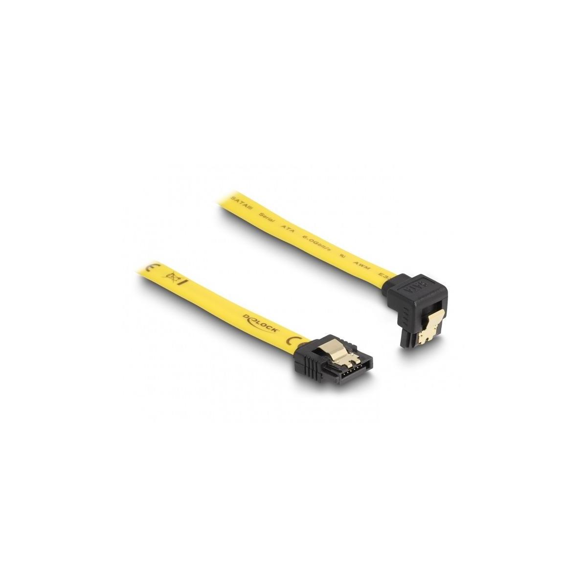 Een gele SATA-kabel met zwarte connectoren, aan één uiteinde gebogen.