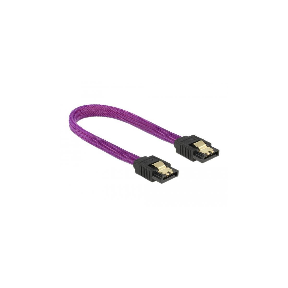 Cavo SATA viola con connettori neri su sfondo bianco.