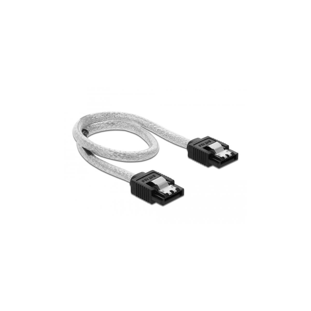 Cavo SATA argento con connettori neri su sfondo bianco.